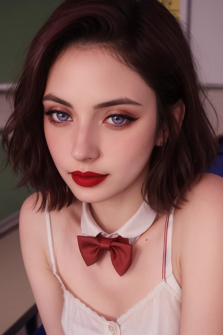 <lora:seyso-06:0.6>,seyso, ((red lipstick, blush, pale skin)), ((detailed eyes, beautiful eyes, detailed face, beautiful face):1.2), ,photo of a woman, RAW, ((bowtie, shirt)),((short hair)), ((classroom, sitting)), slim body, 8k uhd, dslr, soft lighting, high quality, film grain, Fujifilm XT3 sharp focus, f 5.6,((red lipstick, blush)) , slight smile