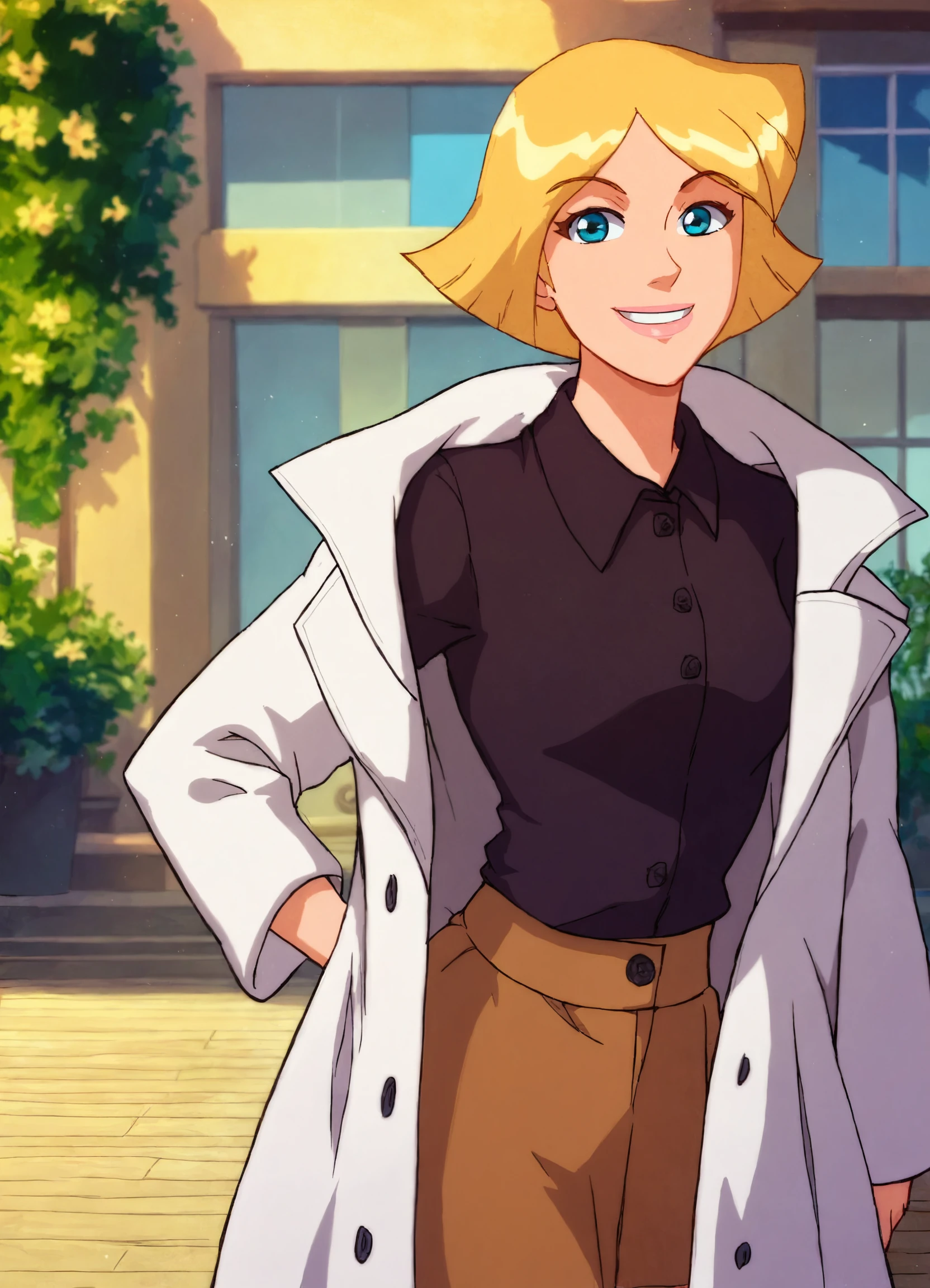 score_9, score_8_up, score_7_up, tsclover, girl, solo, short hair, blonde hair, coat, smile, looking at viewer
