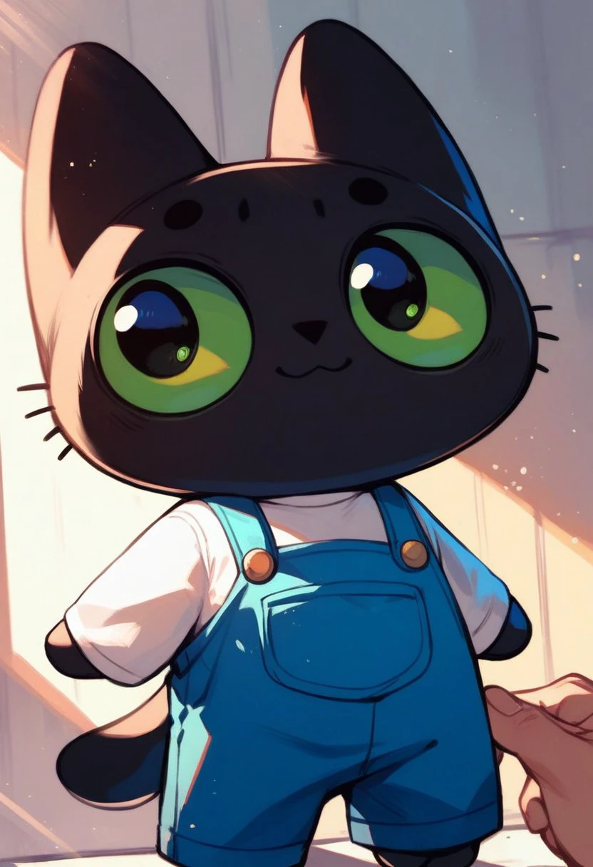 score_9, score_8_up, score_7_up, score_6_up, score_9,
Benchik, black cat, green eyes, white shirt, blue overalls,
digital art, 1boy, high quality, cute,
smile, light rays