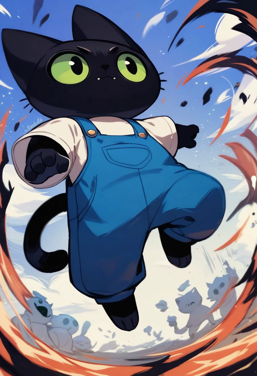 score_9, score_8_up, score_7_up, score_6_up, score_9, rating_safe,
Benchik, black cat, green eyes, white shirt, blue overalls, action pose,
digital art, high quality,
cartoon