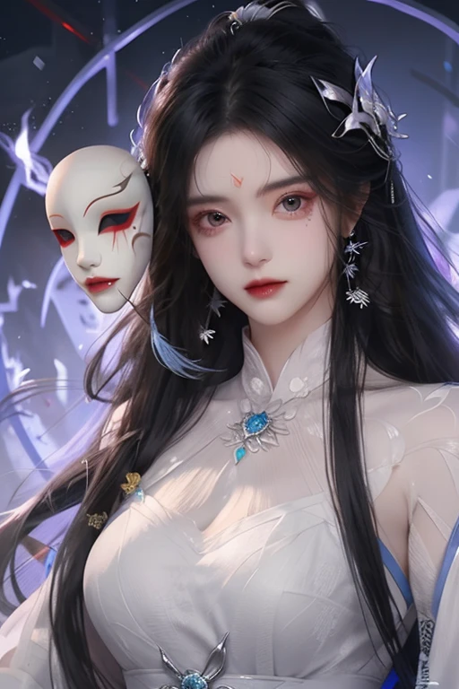 <lora:HrenFanartV2>,
henrendadi, Fanart, 1girl, long hair, jewelry, black hair, hair ornament, forehead mark, dress, solo, mask, facial mark, white dress, upper body, earrings, necklace, sash, chinese clothes, expressionless