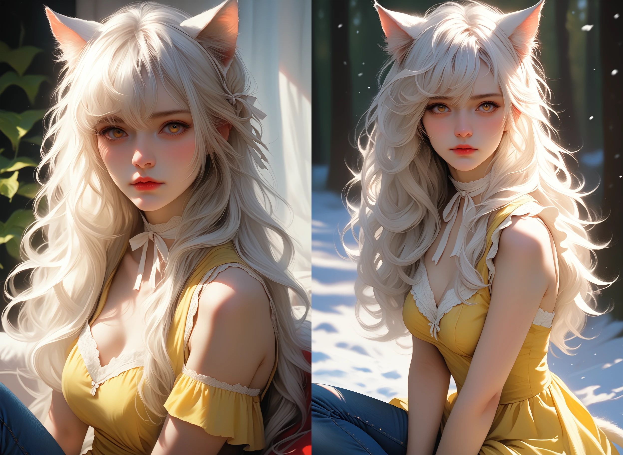 ASCII, photorealistic, OLED, score_9, score_8_up, score_7_up, score_6_up, 1girl, 25yo, white hair, bangs, strands of hair falling over the face, straight hair, long hair, cat ears, ((close up, sitting)), medium breasts, curvy, wide hips, thick thights,  <lora:SnowFoxeij-000006:0.4>, white ribbon choker, looking to viewer, yellow dress, blue jeans, white blouse, hair ribbon, cat tail