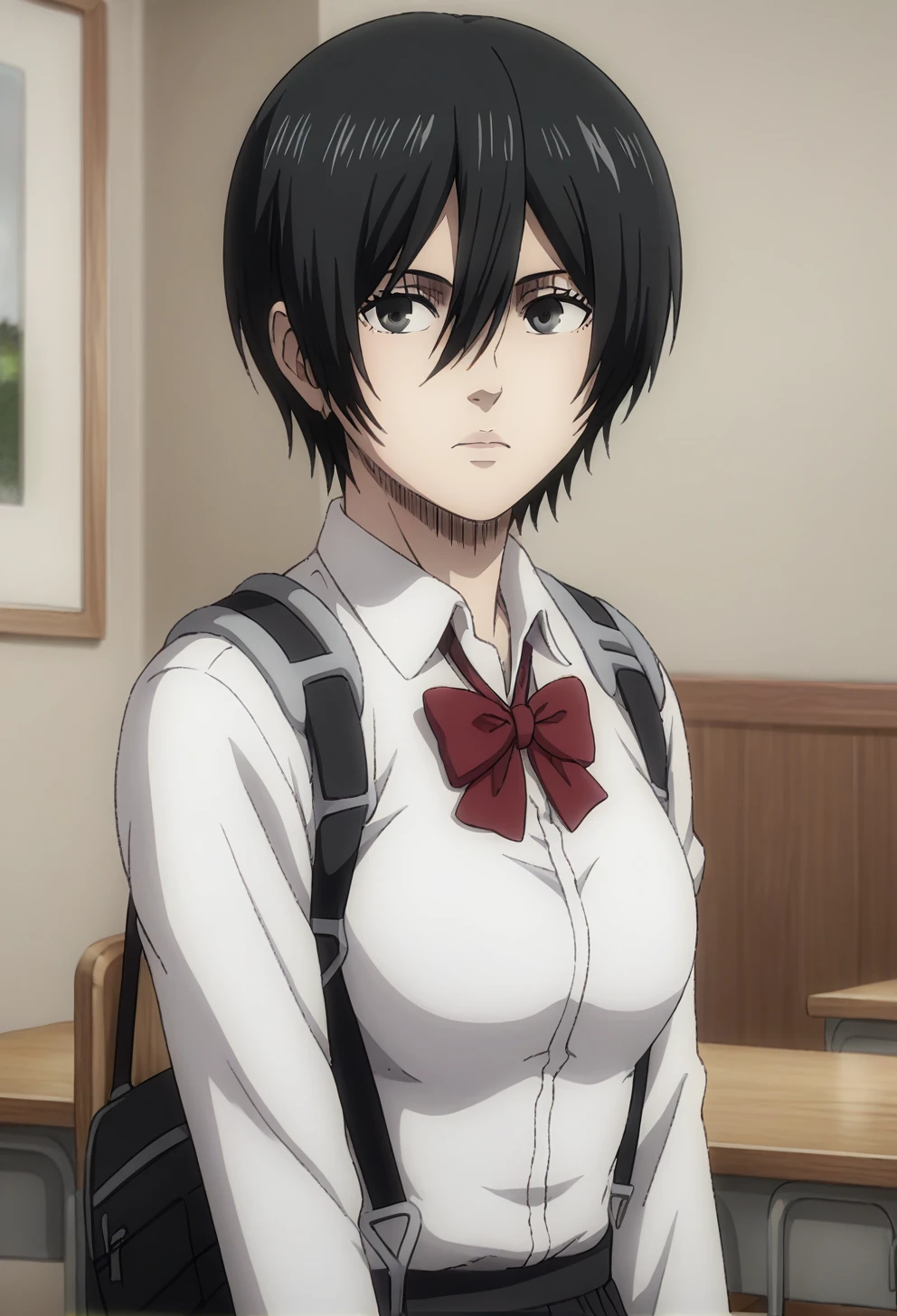 score_9, score_8_up, score_7_up,1girl,source_anime,mikasaPNY ,black hair,short hair,hair between eyes,bangs,detailed face,masterpiece,best quality, wearing a school uniform,  <lora:mikasaPNY (2):1>