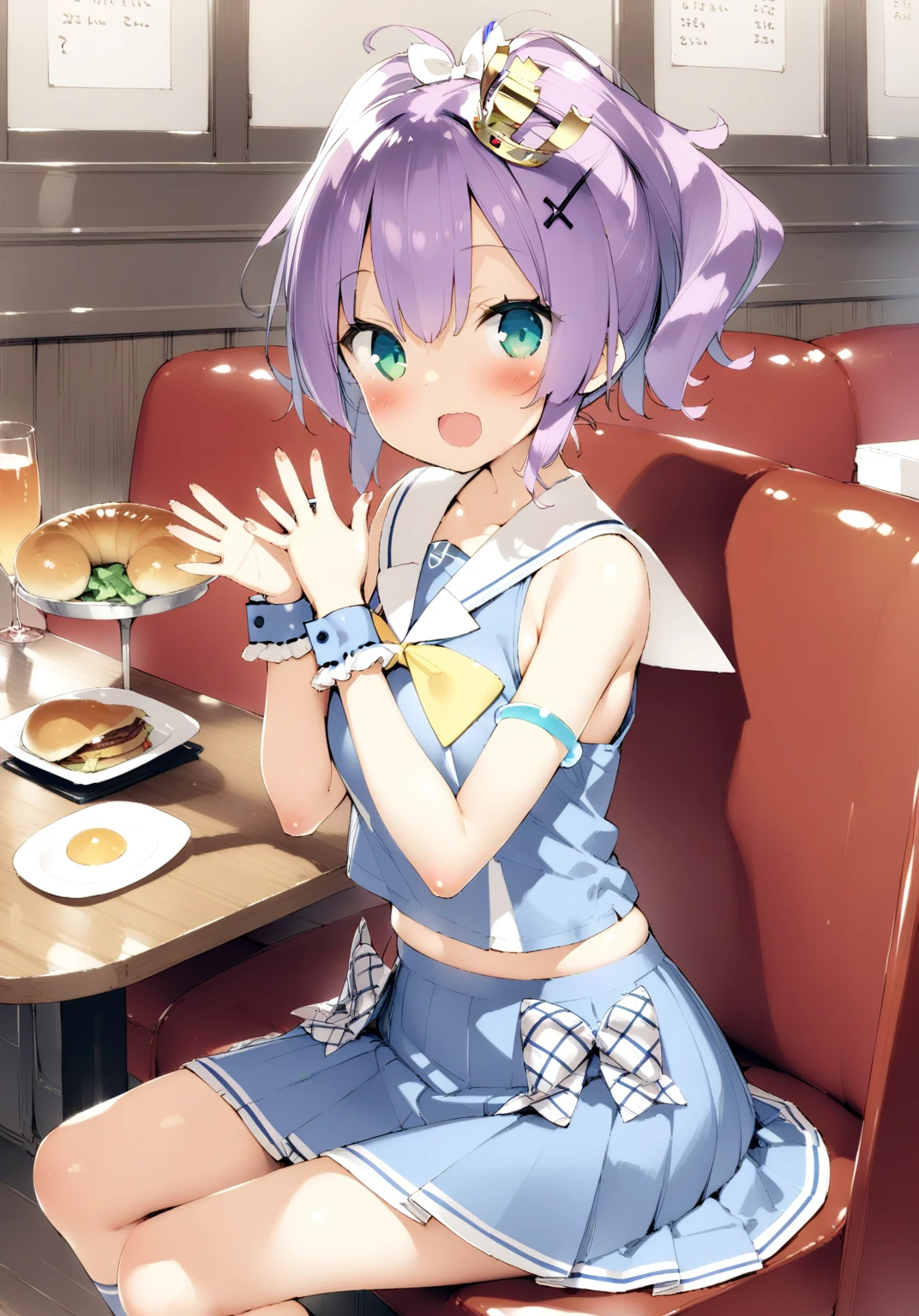 <lora:javelin_XL_v1.0:0.8> ,javelin_\(azur_lane\), crown,wrist_cuffs, sleeveless, hair_ornament, bow,blue_shirt, blue_skirt, white_sailor_collar,waitress, looking_at_viewer, :d, restaurant,by kani_biimu, masterpiece, best quality, very aesthetic, absurdres,