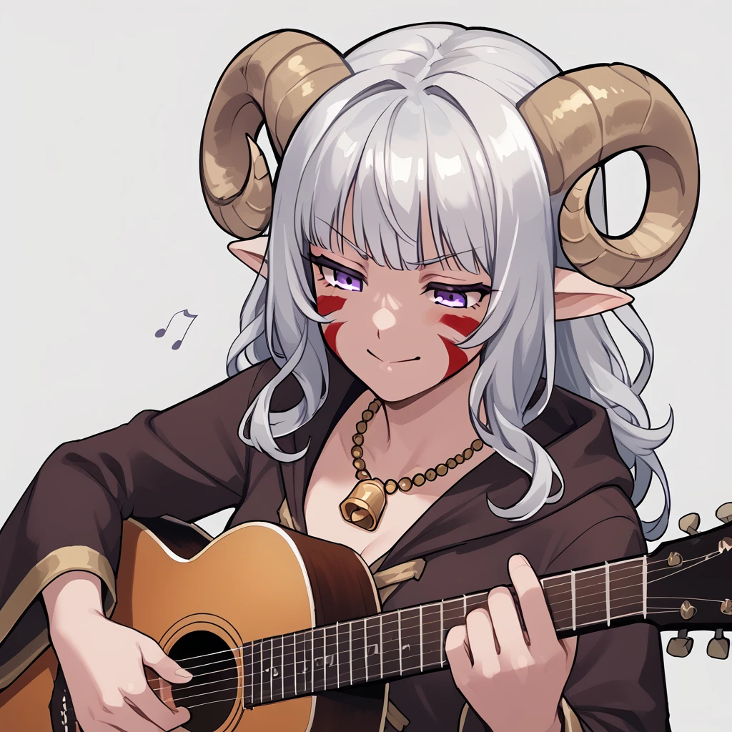 <lora:whisker_markings:0.8> red_whisker_markings:1.4, face paint,source_furry, score_7_up, rating_safe, cowboy shot, gold necklace, tiefing, short pointed ears, horns, (a pair of brown sheep Horns that begin at her temples and curve back: 1.5), bangs,long silver hair long wavy hair, pale skin, pointy ears, purple eyes:1.2, <lora:age_slider_v4:0.6>   medium breasts, skinny female, close up, silver hair <lora:Tieflingnew weird fantasyDND:0.3> Tiefling, pointed ears, horns, from above, angry, half-closed eyes:1.5, smile mouth:1.2,<lora:Smooth Style 2 SDXL_LoRA_Pony Diffusion V6 XL:0.5>  shepherd's crook, bell, robe, hood off, <lora:Nanoless_Artist_Style_PonyXL:0.3> , <lora:playing_guitar:1>  acoustic_guitar, playing_instrument,