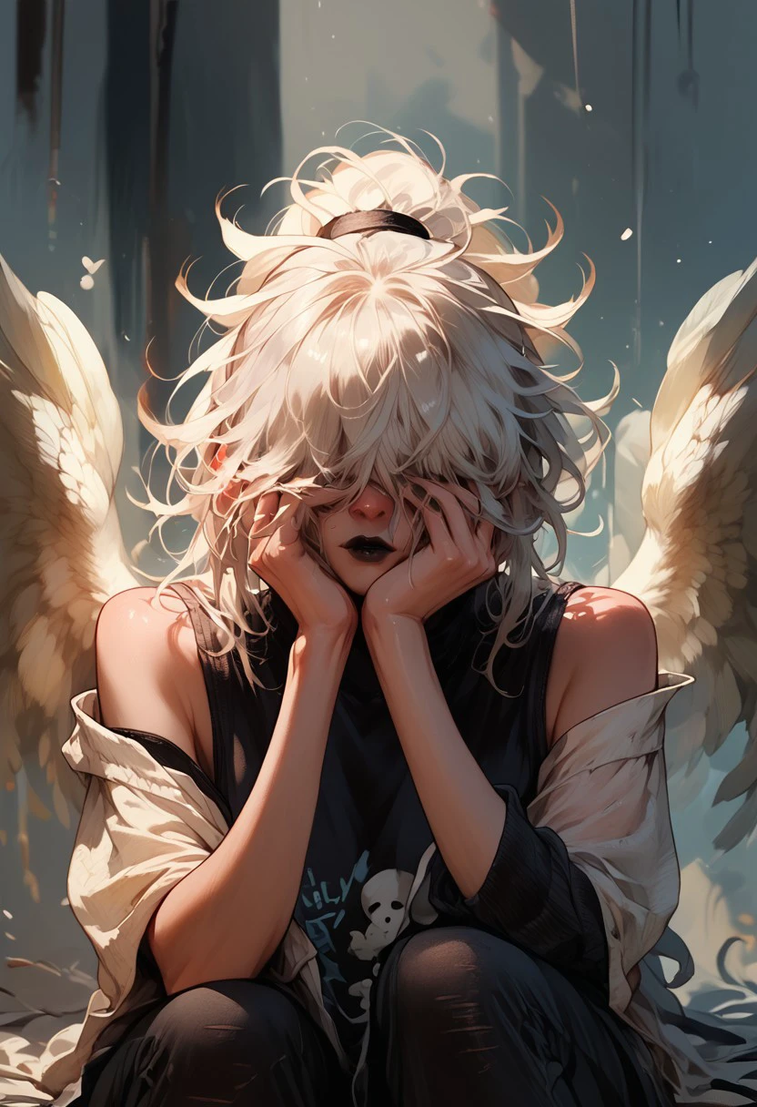 score_9, score_8_up, score_7_up, score_6_up, score_5_up, score_4_up, 1girl, w1ngs, angel wings, white hair, messy hair, hair covering eyes, hair over eyes, blunt bangs, ponytail, black lipstick,