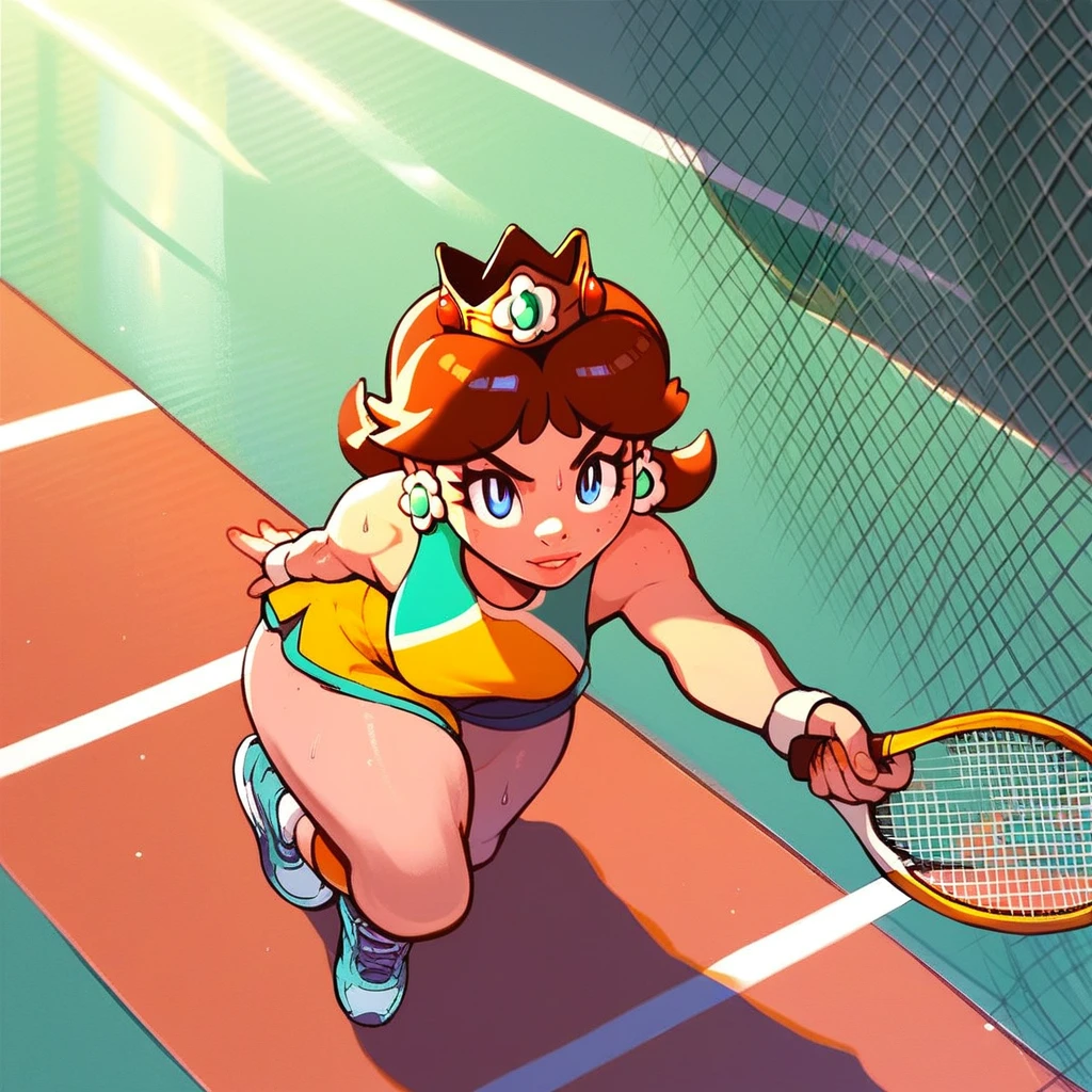 solo, best quality, score_9, score_8_up, score_7_up, 1girl, princess daisy, sport outfit, thick thighs, tennis court,