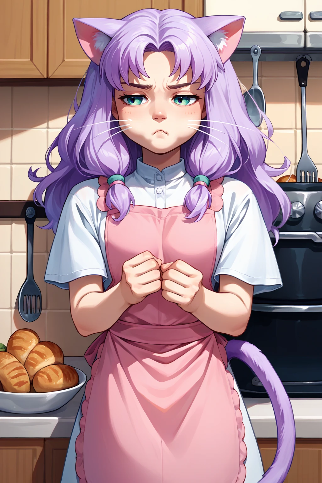 score_9, score_8_up, score_7_up, source_anime, 1girl, solo, <lora:NSFlorinaFE7:1> NSFlorinaMisc, light purple hair, long hair, parted bangs, low-tied sidelocks, kitchen, cat ears, cat tail, whiskers, pink apron, puffy cheeks, pouting, white dress