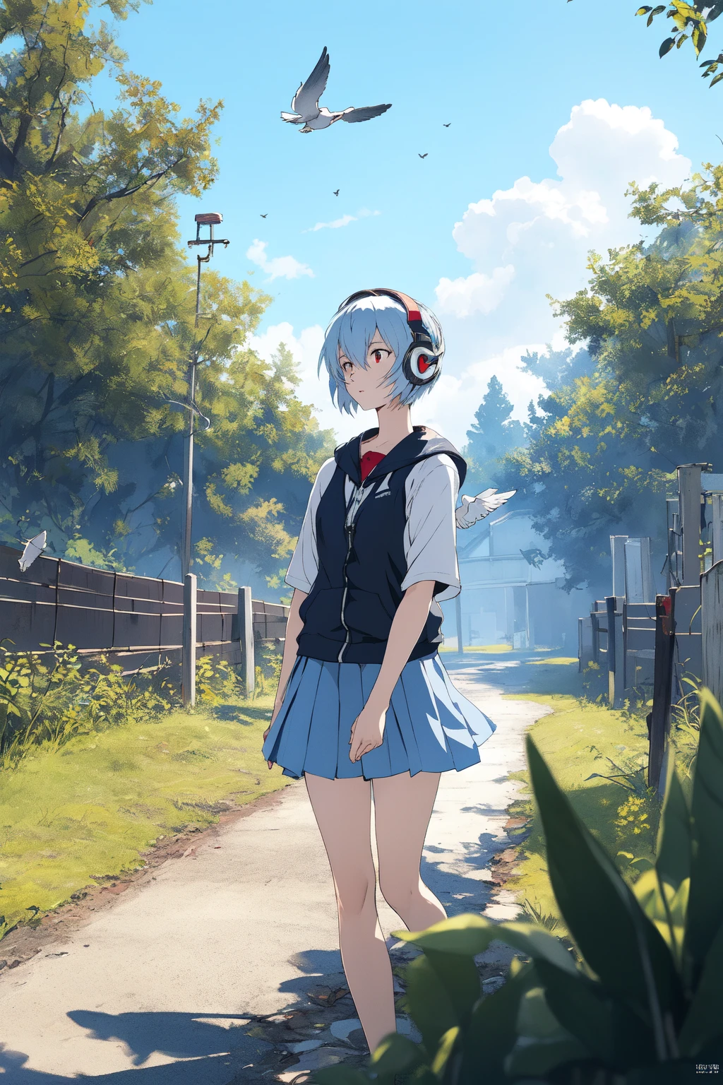 (RAW photo, best quality), 1girl,  natural lighting, 
 <lora:ayanami_rei_v1_2:1> ppayanamirei,
outdoor, skirt, headphone, looking away, sky, dove,