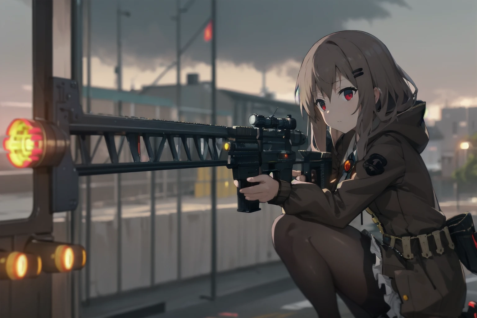 absurdres, high detail, 4k,
outdoors, steampunk city, cloudy sky, from side,
sitting, on one knee, aiming, expressionless, holing gun, rifle,
marfusha, hairclip, brown coat, hooded coat, long sleeves, brooch, shotgun shell, black dress, belt, frilles, brown pantyhose, black footwear
<lora:game-marfushasg-marfusha-t1-000100:0.9>