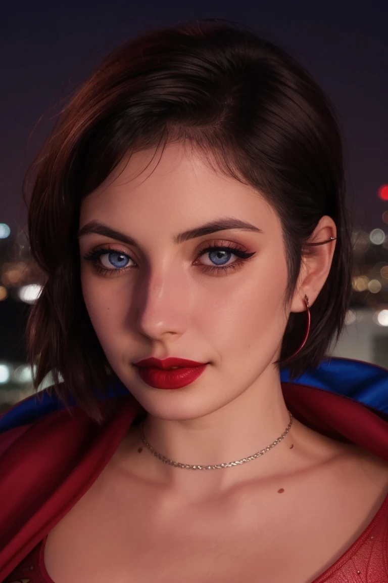 <lora:seyso-06:0.6>,seyso, ((red lipstick, blush, pale skin)), ((detailed eyes, beautiful eyes, detailed face, beautiful face):1.2), , ,photo of a woman, RAW, ((superman costume, superman logo, cape)),((short hair, pixie cut, messy hair, black hair)), ((rooftop, city, at night)), 8k uhd, dslr, soft lighting, high quality, film grain, Fujifilm XT3 sharp focus, f 5.6,((red lipstick, blush)) , slight smile