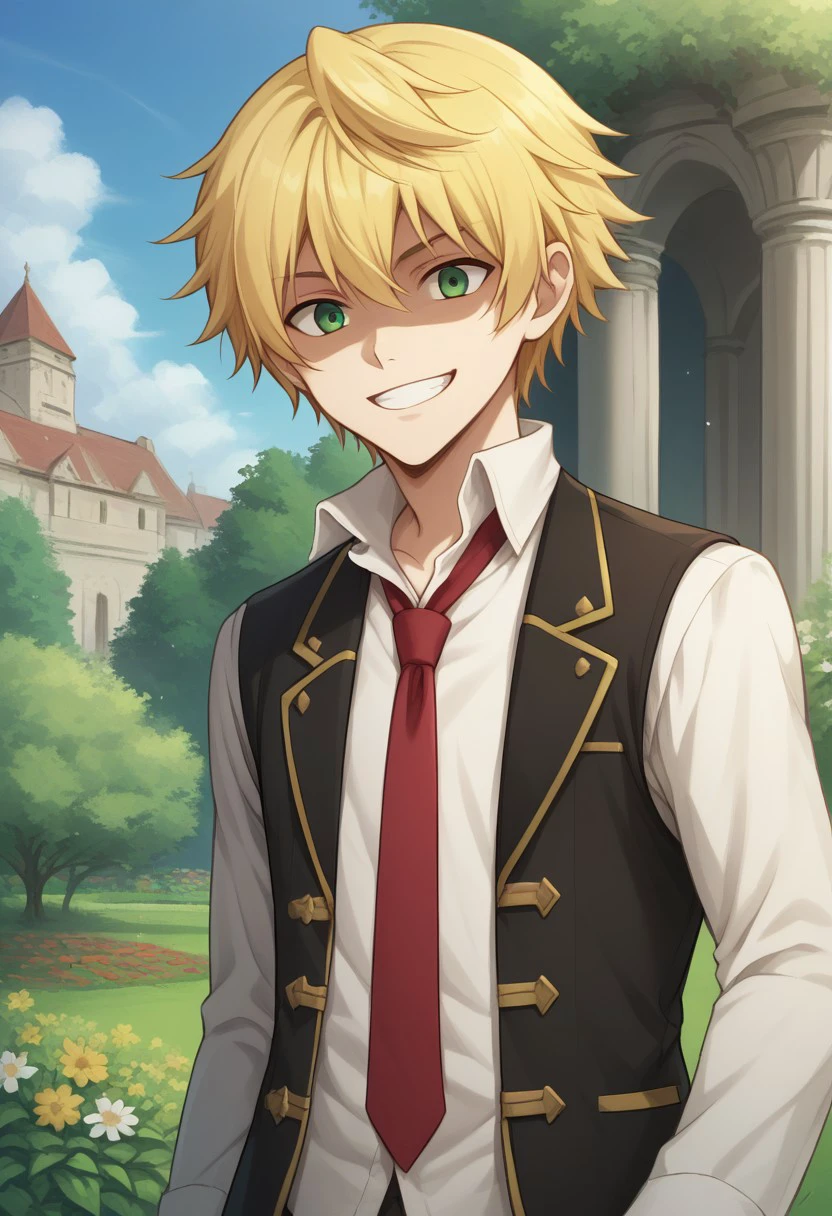 score_9, score_8_up, source_anime, highly detailed, 
oz, 1boy, blonde hair, male focus, green eyes, necktie, red necktie, shorts,  vest,
solo, shirt, white shirt, collared shirt, upper body, shaded face, grin,
outdoor, sky, garden, mansion,