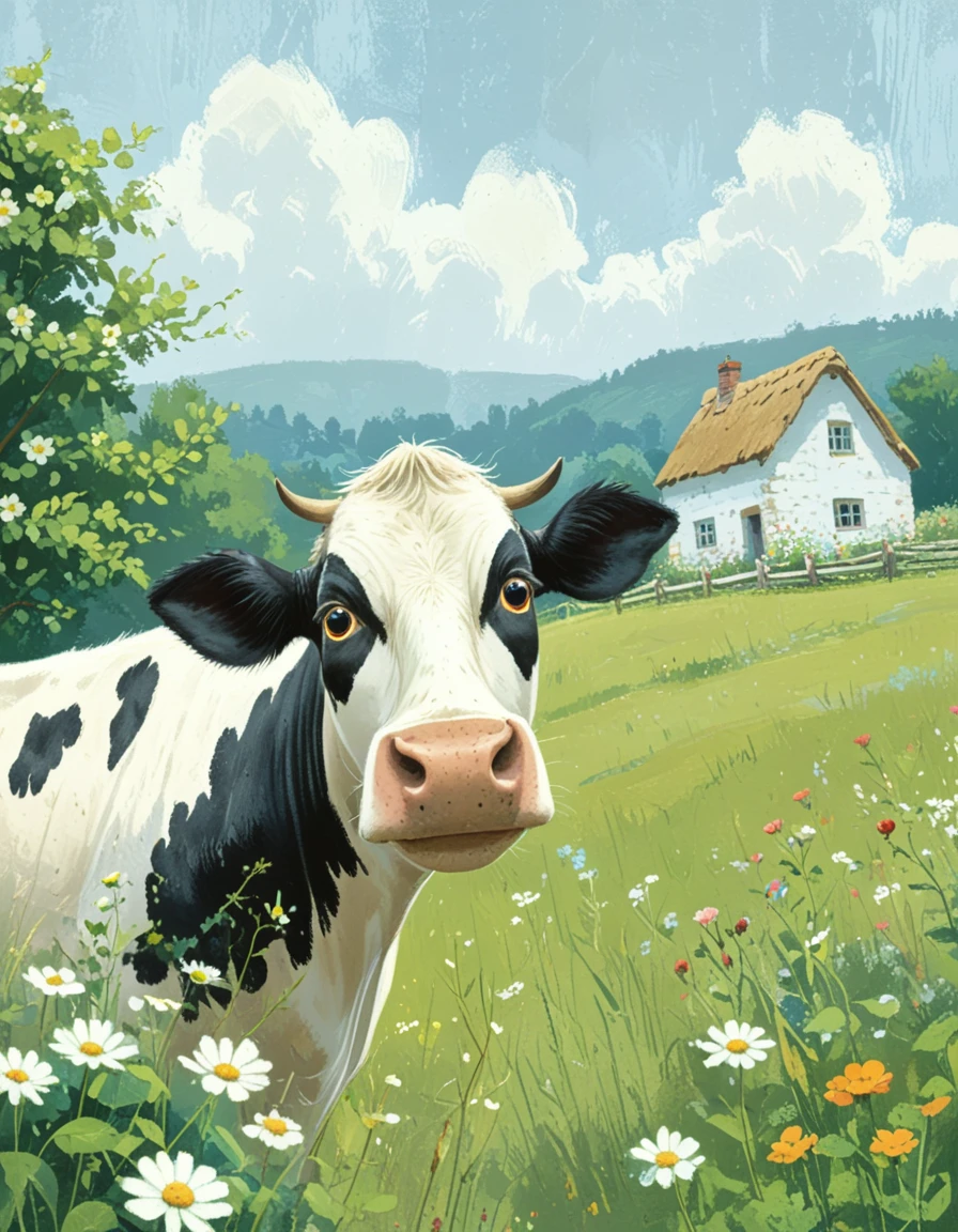 <lora:CBS_novuschroma23 style:1.5> novuschroma23 cow with cottage in the background, flowers