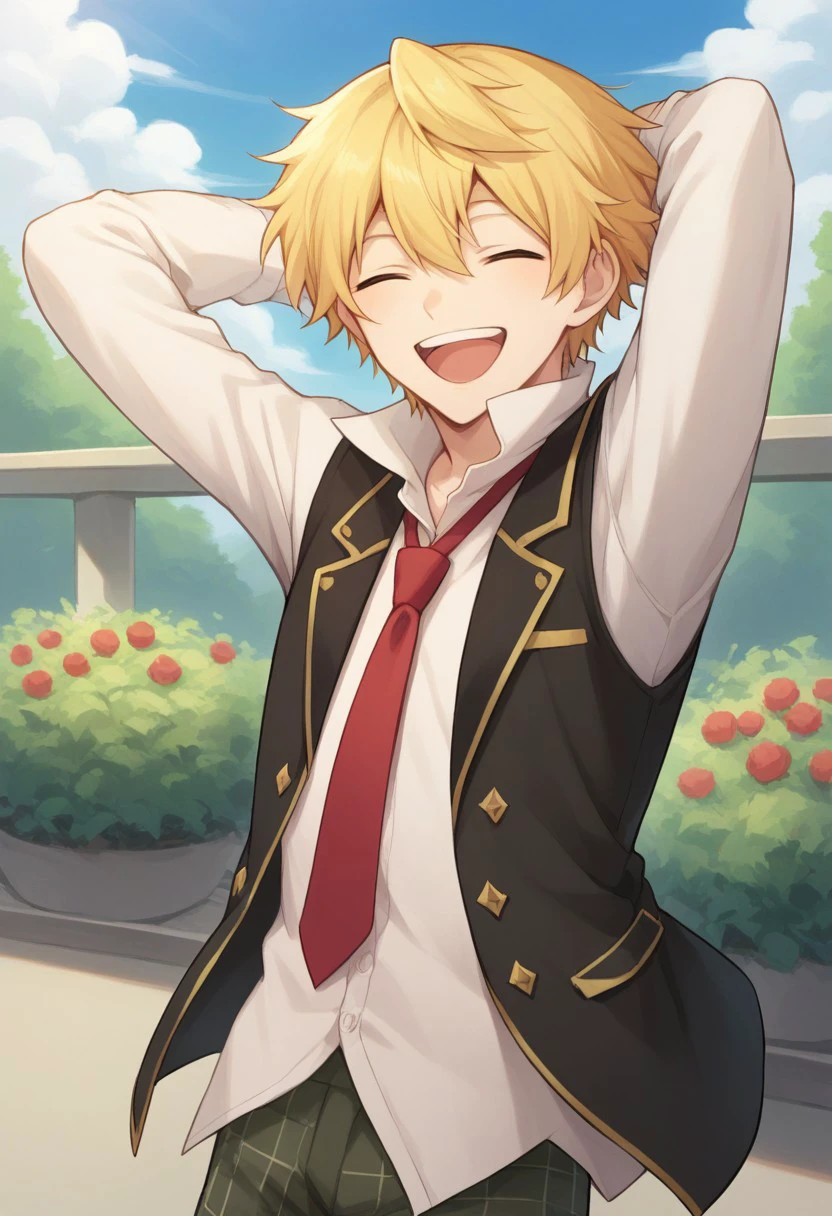 score_9, score_8_up, source_anime, highly detailed, 
oz, 1boy, blonde hair, male focus, closed eyes, necktie, red necktie, shorts,  smile, vest,
solo, shirt, white shirt, collared shirt, upper body, 
outdoor, sky, garden, hands behind head, laugh, open mouth,