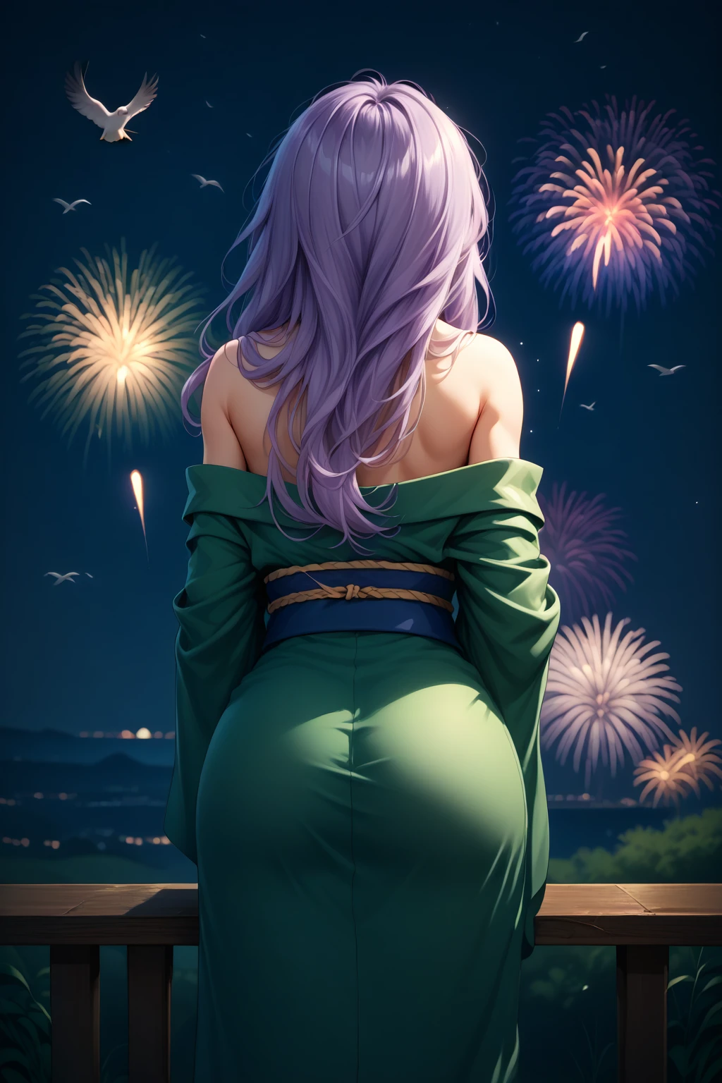 score_9, score_8_up, 1girl, solo <lora:NSFlorinaFE7:1> NSFlorinaMisc, light purple hair, long hair, green kimono, fireworks, (birds:1.3), sky, from behind, bare shoulders, emphasis lines