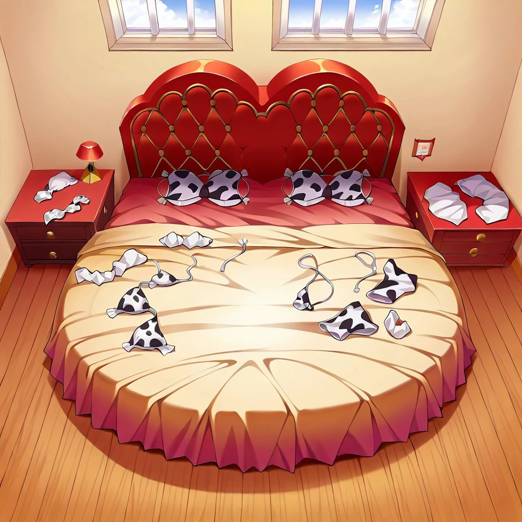 (no_people), from above, bed, bed sheet, indoors, rating_safe, scenery, heartbed, (discarded clothes, discarded cow print bikini, discarded cow print underwear, discarded cow print socks, discarded cowbell collar)