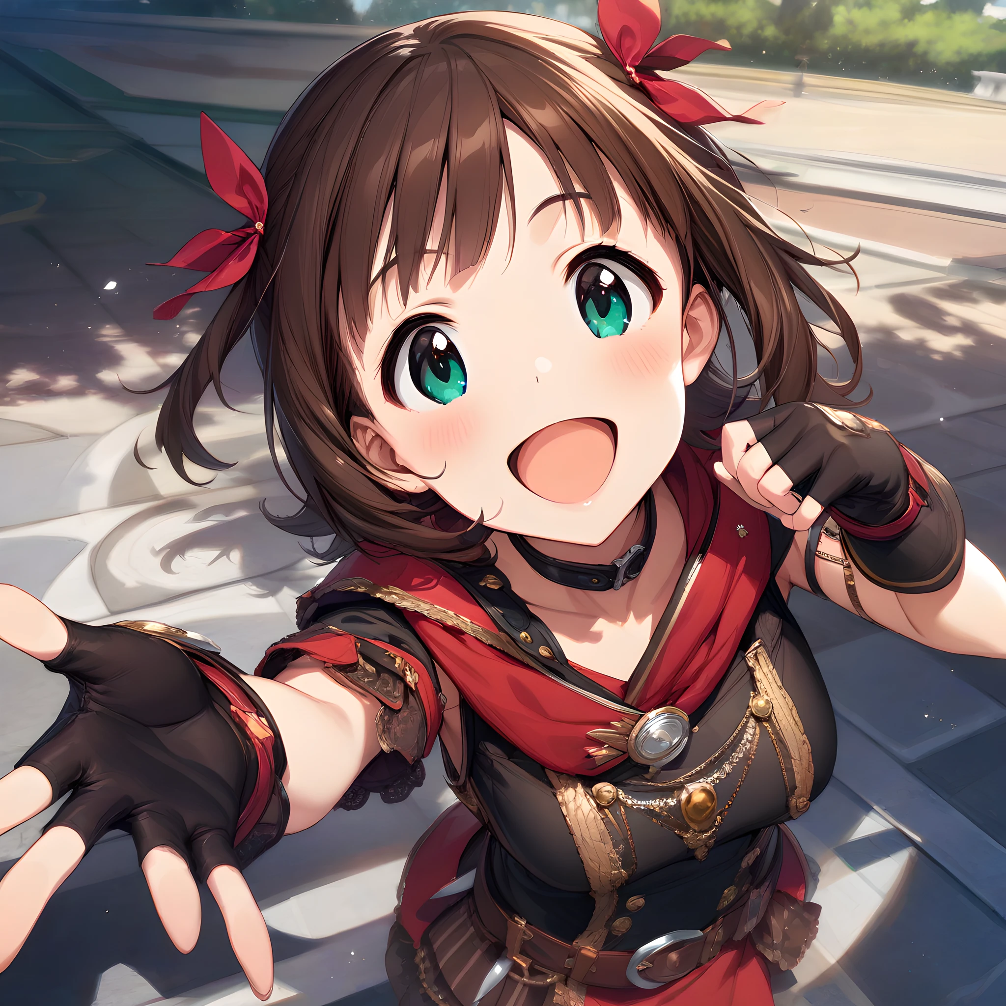 (masterpiece),(best quality),(ultra-detailed),(best illustration),(best shadow),(absurdres),(detailed background),(very aesthetic), haruka_amami, 1girl, brown hair, fingerless gloves, gloves, smile, green eyes, open mouth, hair ornament, :d, short hair,  hair ribbon, solo<lora:XL-HarukaAmami:1>