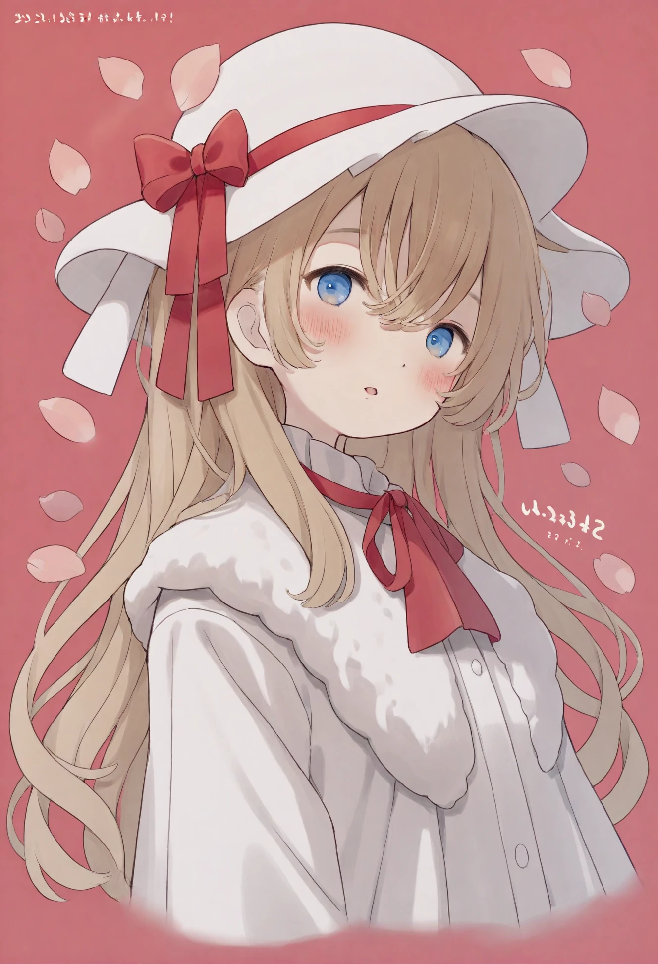 masterpiece, best quality,solo, 1girl, fur hat, hat, petals, long hair, looking at viewer, blush, parted lips, white shirt, white headwear, upper body, blue eyes, shirt, long sleeves, blonde hair, ribbon, red background, red ribbon, simple background, dated, ascot, hair between eyes, :o
<lora:sirahoXLlokr4f-000181:0.95>