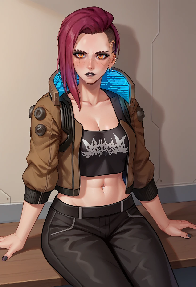 score_9,score_8_up,score_7_up BREAK <lora:V:1>,Vcyberpunk,1girl,solo,looking at viewer,navel,cleavage,jewelry,collarbone,jacket,red hair,earrings,open clothes,midriff,mole,open jacket,black crop top,orange eyes,makeup,piercing,black pants,ear piercing,colored sclera,freckles,brown jacket,black lips,lip piercing,eyebrow cut,cowboy shot,room,room background,sitting,