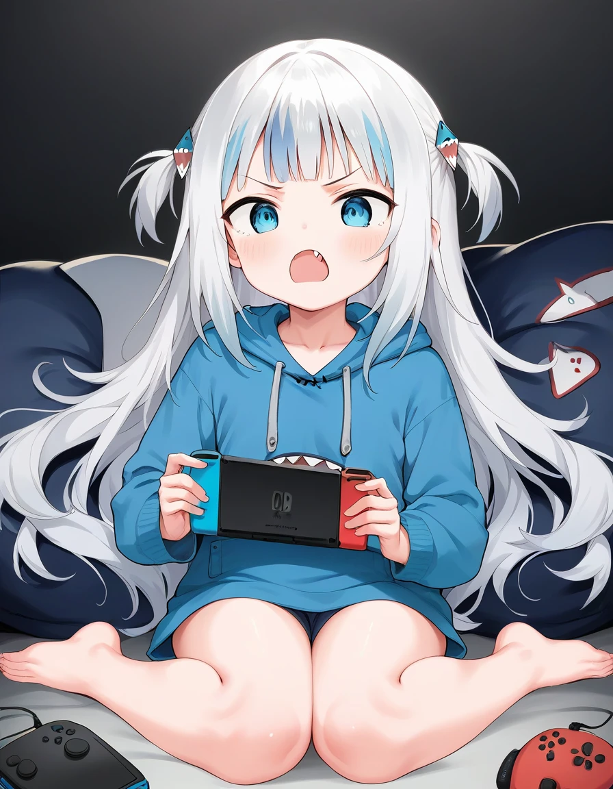 score_9, score_8_up, score_7_up,score_6_up,score_5_up,score_4_up, 1girl playing videogames, nintendo switch, angry, fang, pitvinm, two side up, shark girl, blue hoodie,
<lora:aak_style_pony6_v2-000010:1>