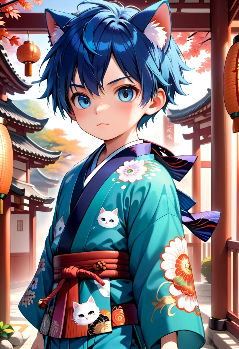 straight on shot, standing,detailed eyes, village,
 <lora:cutifiedanimecharacterdesign_variant_type_G_SDXL_v10:0.7>, 1boy, type-g, cat boy, blue hair, Kimono, long pants, 
(masterpiece:1.2), best quality, high resolution, unity 8k wallpaper, (illustration:0.8), (beautiful detailed eyes:1.6), extremely detailed face, perfect lighting, extremely detailed CG, (perfect anatomy),
 <lora:age_slider_v4:1.2>