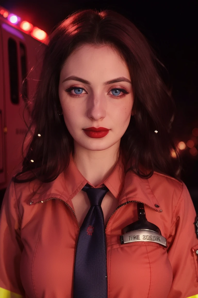 <lora:seyso-06:0.6>,seyso, ((red lipstick, blush, pale skin)), ((detailed eyes, beautiful eyes, detailed face, beautiful face):1.2), , photo of a woman, ((firefighter jacket, shirt, tie, fire, explosions, at night, home)), slight smile