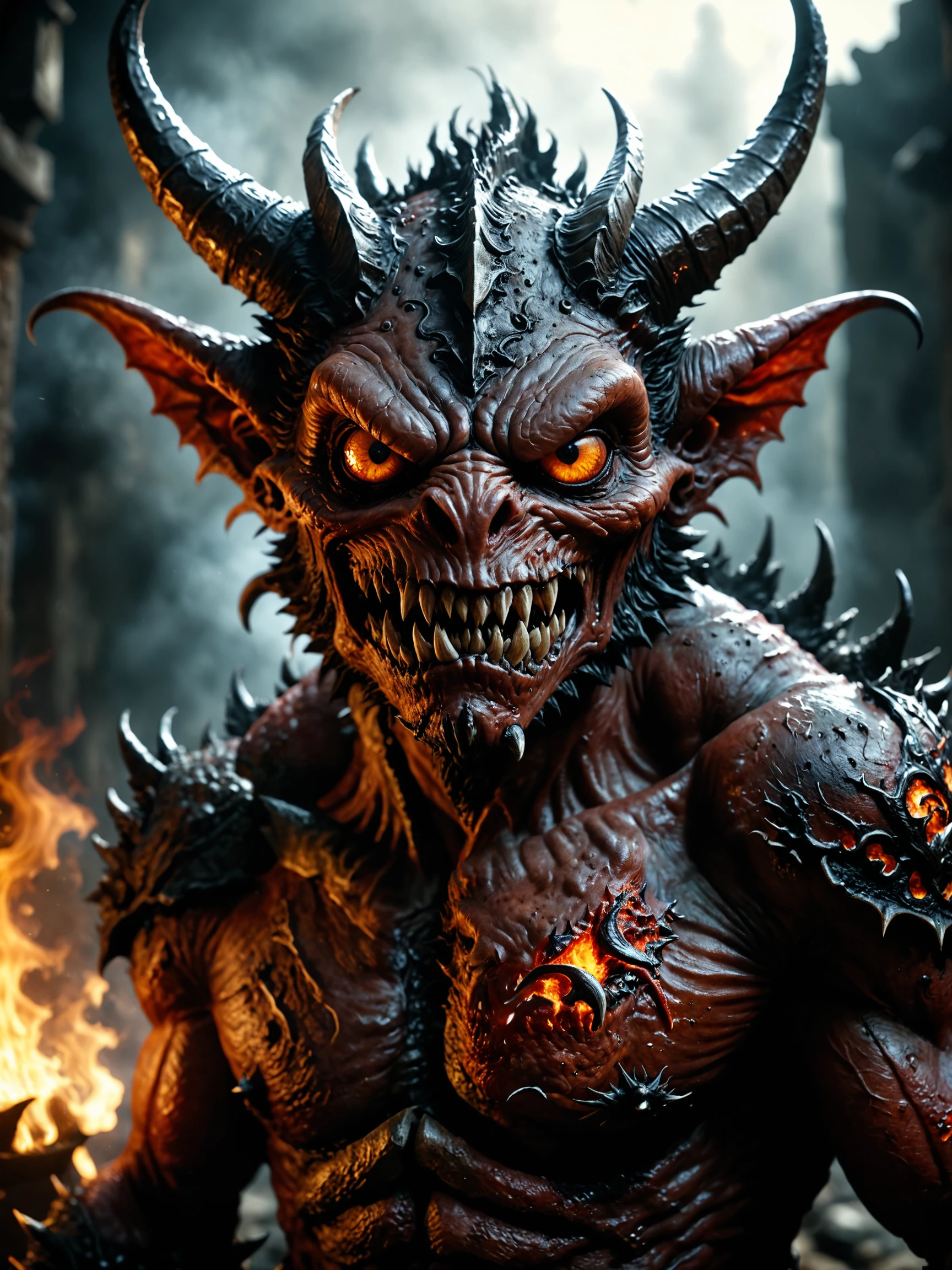 hyperrealistic art cinematic film still photography in the style of detailed hyperrealism photoshoot, ((infernal imp)) , demonic creature, fantasy, bold lines, hyper detailed, . shallow depth of field, vignette, highly detailed, high budget, bokeh, cinemascope, moody, epic, gorgeous, film grain, grainy, extremely high-resolution details, photographic, realism pushed to extreme, fine texture, incredibly lifelike