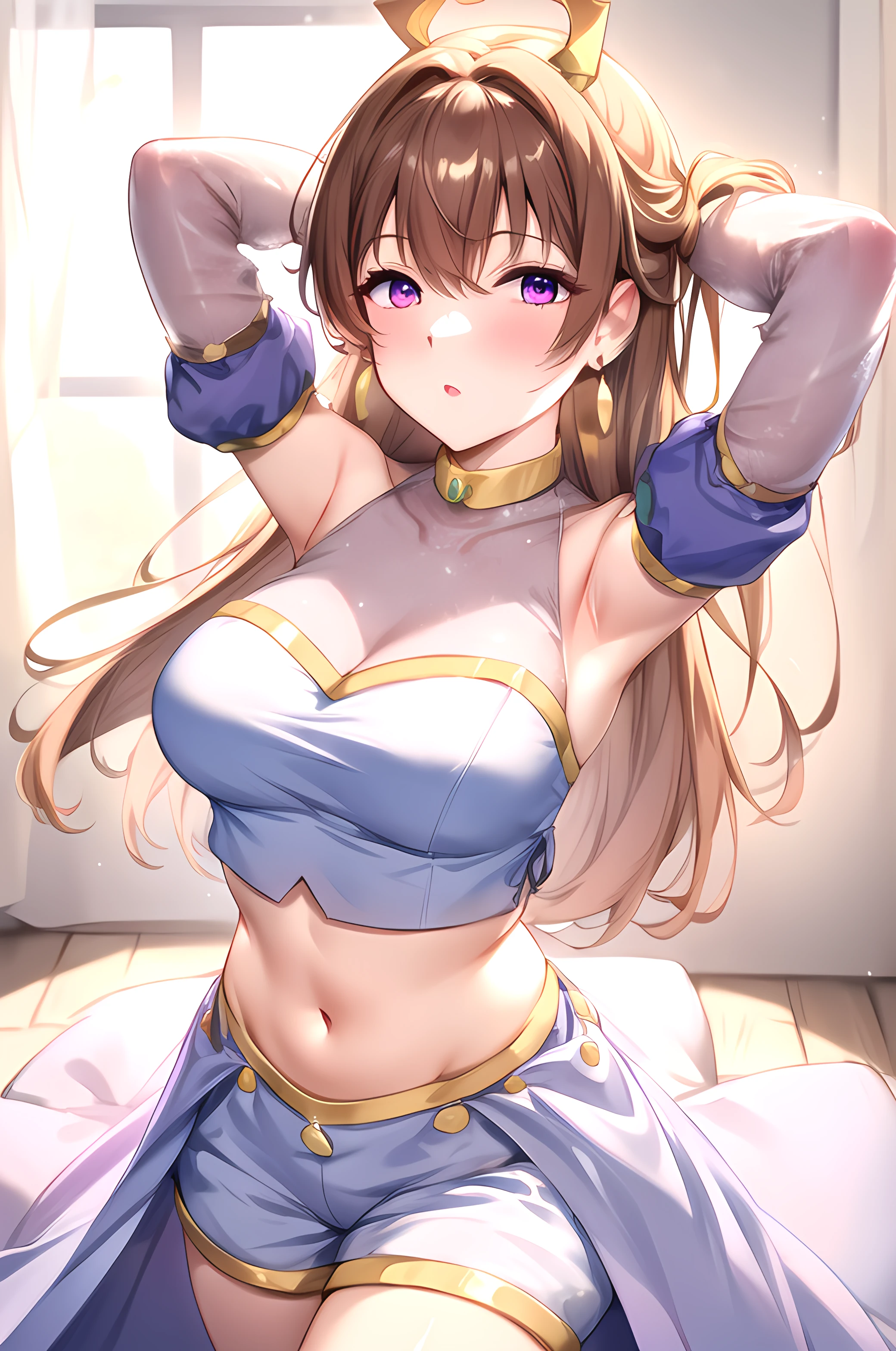 brown hair girl with golden crown,  girl, one girl, pink wedding dress, face on camera, tight shirt, show large chest, dark isekai, shy girl, pitiful face, face forward to camera, bent pose, asking pose, pink cheeks, half body, body on big chain, smile, purple eyes, no nails, pink blushes, benting, very big breast, cleavage, wet breast