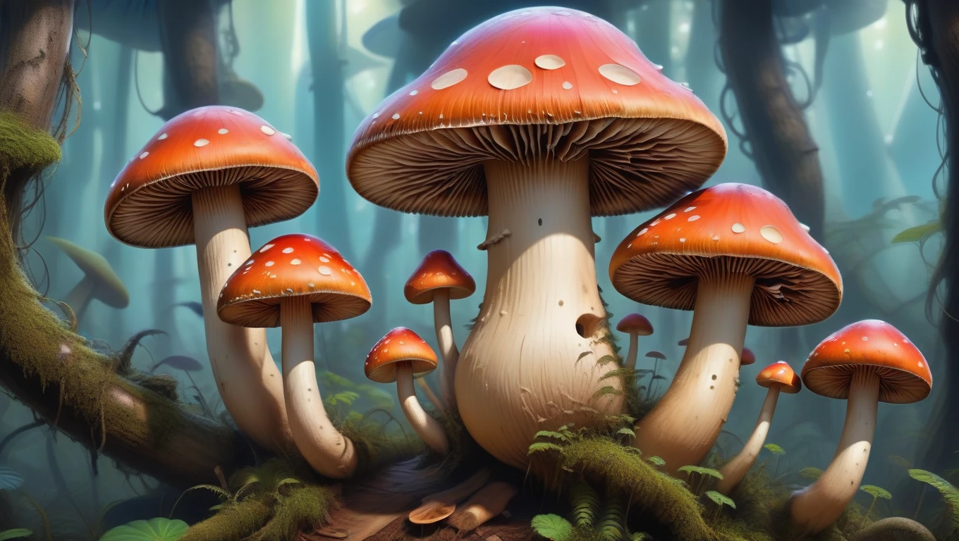 <lora:artfullyFACELOCKED_SDXL_V1:1>, a planet full of highly adapted life forms, which is face locked with its star, fungi with legs living in mushroom treehouses