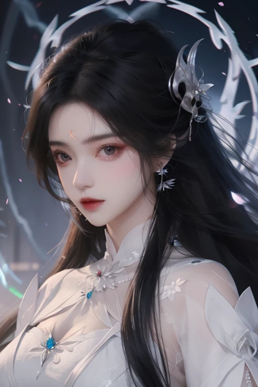 <lora:HrenFanartV2>,
henrendadi, Fanart, 1girl, long hair, jewelry, black hair, hair ornament, forehead mark, dress, solo, mask, facial mark, white dress, upper body, earrings, necklace, sash, chinese clothes, expressionless