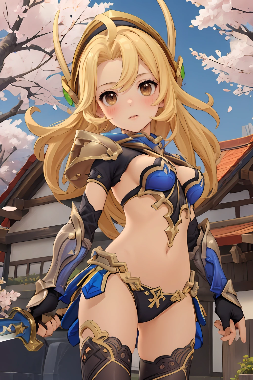 masterpiece, best quality, ultra-detailed,  1girl, solo, khalitz_rom, bikini armor,  holding sword,  fighting stance,  cowboy shot,  low angle, looking at viewer,  cherry blossoms, Blush of dawn theme, vivid colors, tranquil and magical atmosphere,
 <lora:khalitz_rom:0.8> <lora:add_detail:0.5>