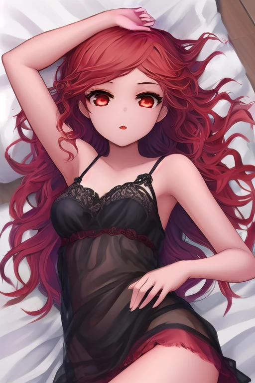 Red long hair, Grey eyes, indoor room,Lying on a bed sprinkled with rose petals, from above, splendid, rich, blush, Smile, Tolerable, Masterpiece, Best Quality, high resolucion;,detail enhancement,best qualtiy,perfect image quality,Visible breasts, nipplestits, Beautiful and sexy, One-person viewpoint, Small moles under the eyes , prety, large full breasts, s whole body, perfect hand,