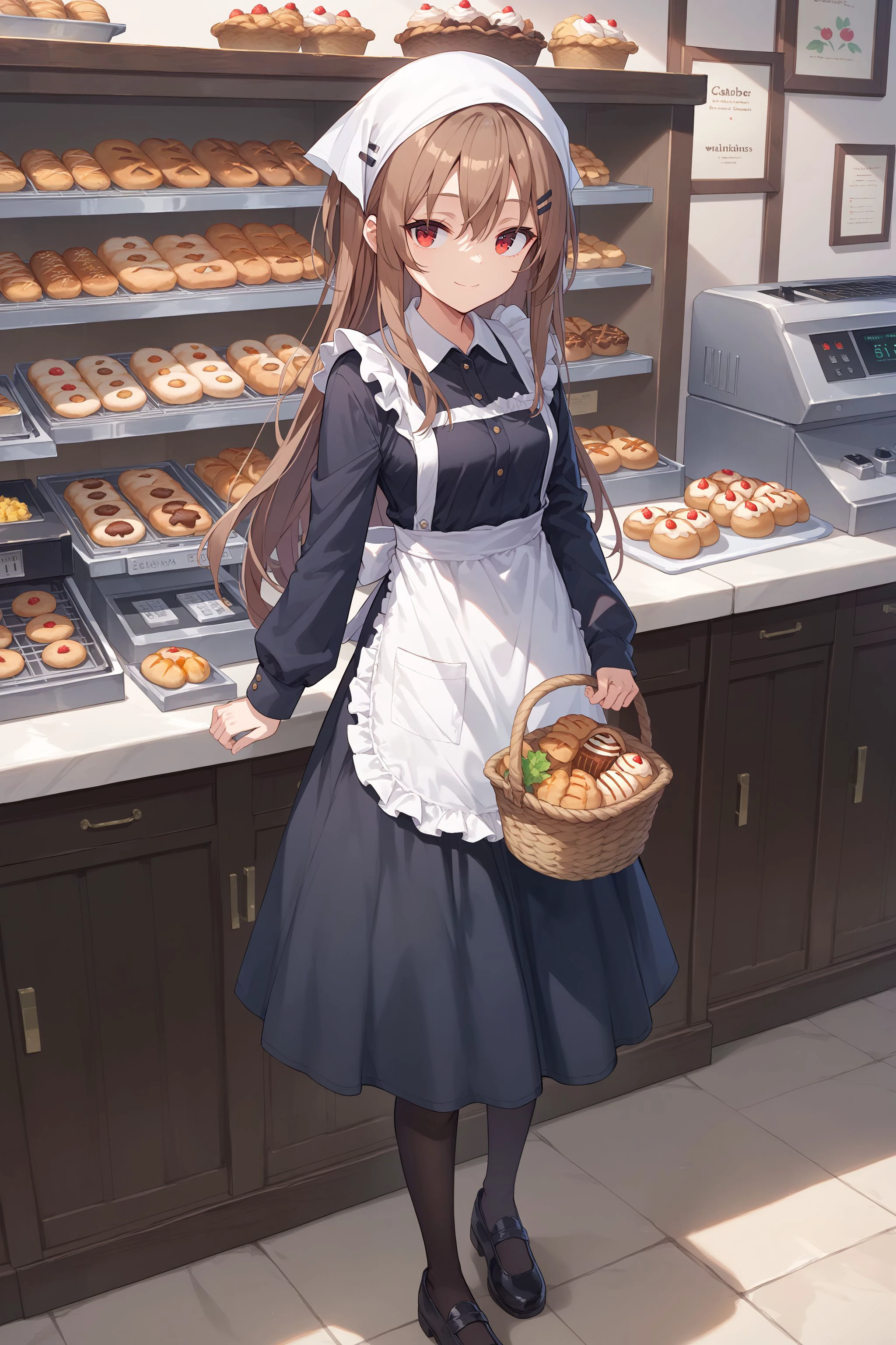 score_max, (score_9, score_8_up, score_7_up:1.2), score_6_up, official art,
masterpiece, absurdres, high detail, 8k,
bakery, counter, cash register, display,
standing, holding basket, baguette, expressionless, light smile,
marfusha, long hair, brown hair, red eyes, hairclip, head scarf, black dress, collared shirt, long sleeves, apron, black pantyhose, black footwear
<lora:XL_Pony_game-marfushasg-marfusha-t1:1.0>