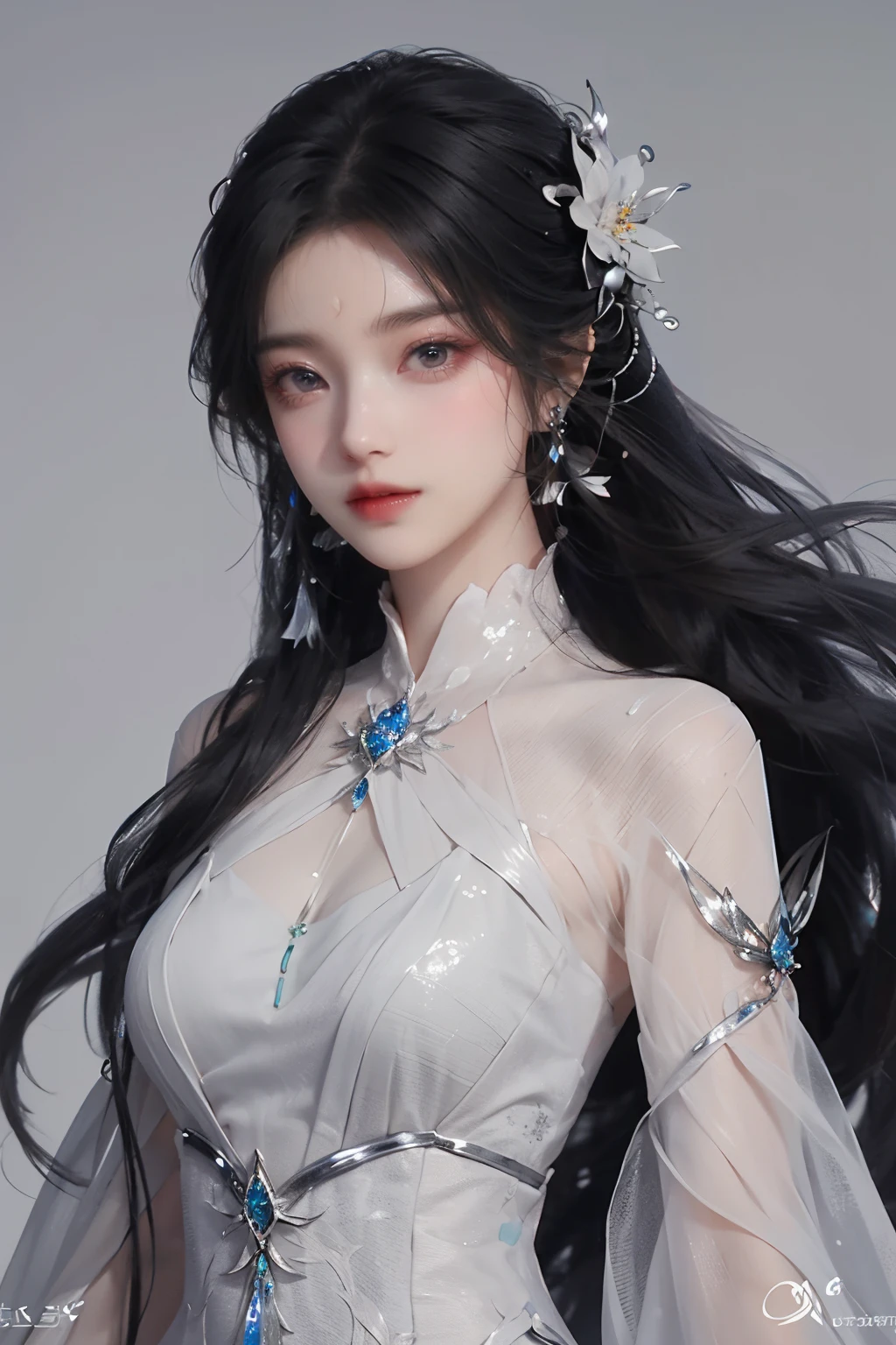 <lora:HrenFanartV2>,
henrendadi,Fanart,1girl,long hair,hair ornament,forehead mark,jewelry,earrings,dress,white dress,black hair,solo,upper body,chain,facial mark,flower,looking at viewer,expressionless,
(simple background:1.2),(grey background:1.2),