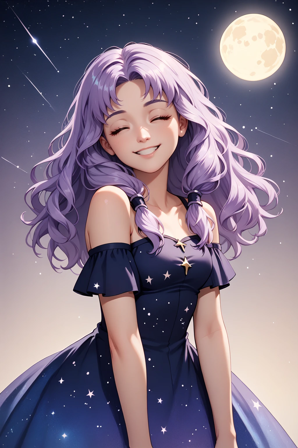 score_9, score_8_up, score_7_up BREAK 1girl, solo, <lora:NSFlorinaFE7:1> NSFlorinaMisc, light purple hair, long hair, parted bangs, low-tied sidelocks, cosmic dress, bare shoulders, full moon, nebula, stars, smile, eyes closed