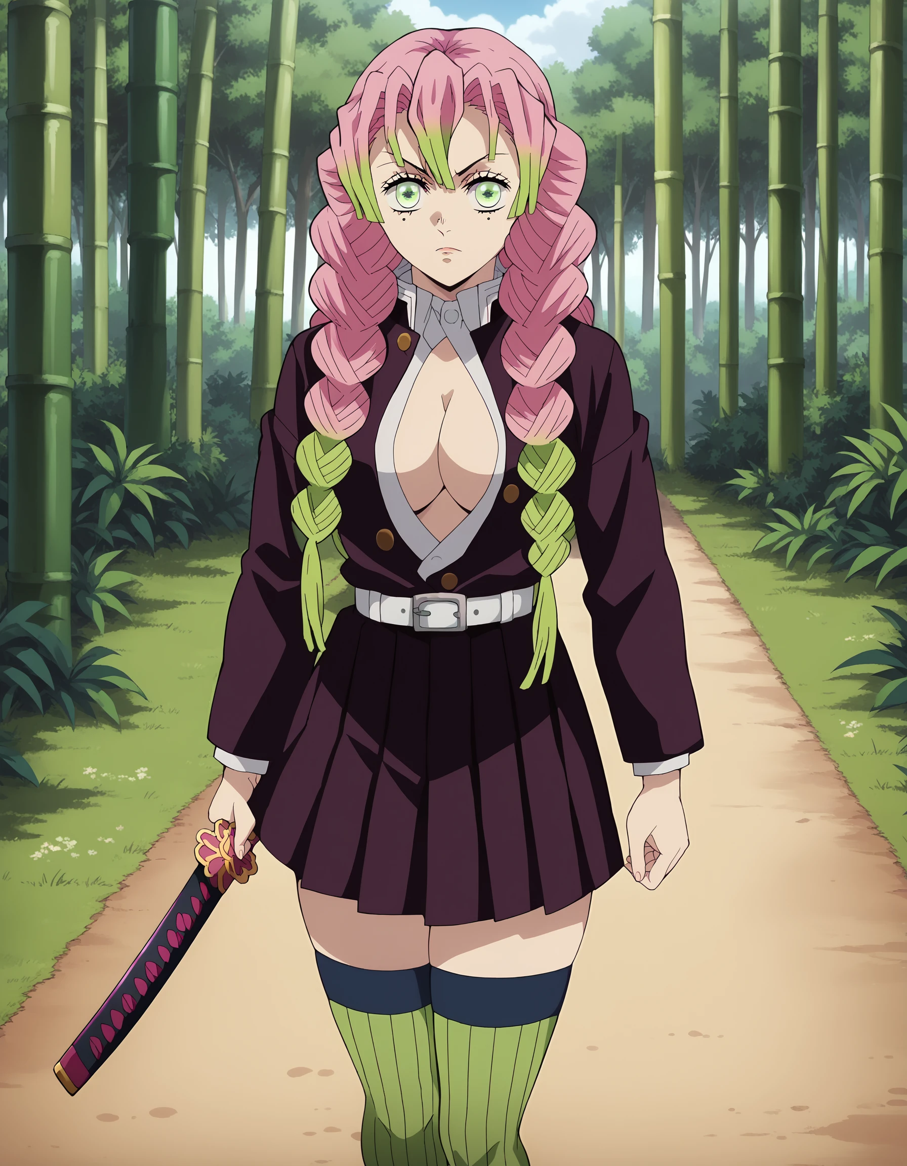 score_9, score_8_up, score_7_up, source_anime,anime screencap,anime coloring,
mature female,
uncensored,
mitsurikanroji,1girl,pink hair,mole under eye,green eyes,braid,multicolored hair,cleavage,large breasts, green hair,long hair,gradient hair,twin braids,bangs,
belt,demon slayer uniform,pleated skirt,green thighhighs,sandals, ribbed legwear,black skirt,long sleeves,jacket,partially unbuttoned,japanese clothes, haori,breasts exposed, open clothes, nude,white panties,
standing, holding sword, incoming attack, katana,
holding sword with both hands,
cowboy shot, looking at viewer, half-closed eyes, narrowed eyes,
bamboo forest,
curvy,
perfect anatomy,
scenery, outdoors,
<lora:anime-detailer-xl:2>, <lora:modern_anime_screencap_v1_0:1.2>, <lora:Mitsuri Kanroji_epoch_15:0.8>,