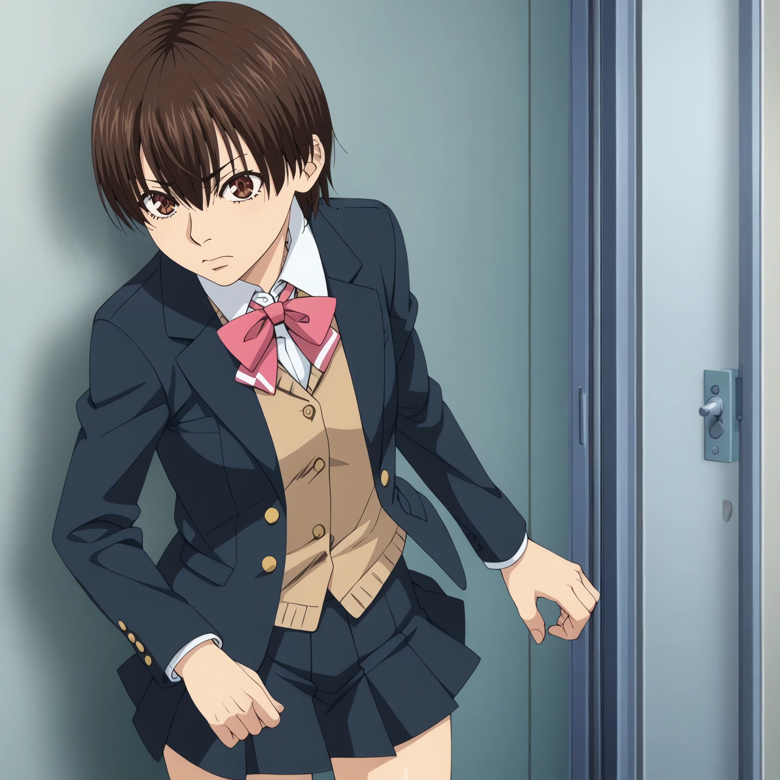 <lora:ShihoChiroyamaXLpony001>,
solo,
ShihoChiroyama,1girl,black brown hair,short hair,brown eyes,
school_uniform,blazer,
pleated_skirt,black skirt,