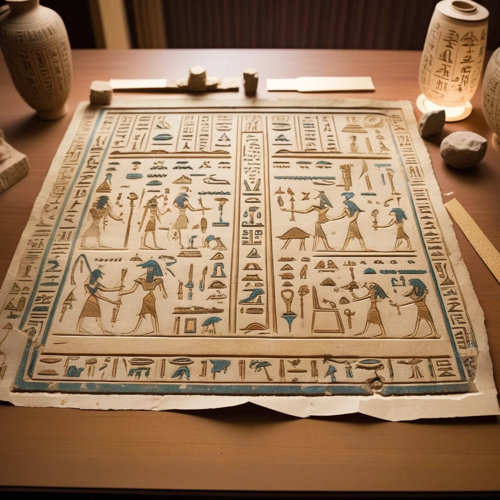 ancient paper showing hieroglypths on a luxury table <lora:hieroglypths:1>