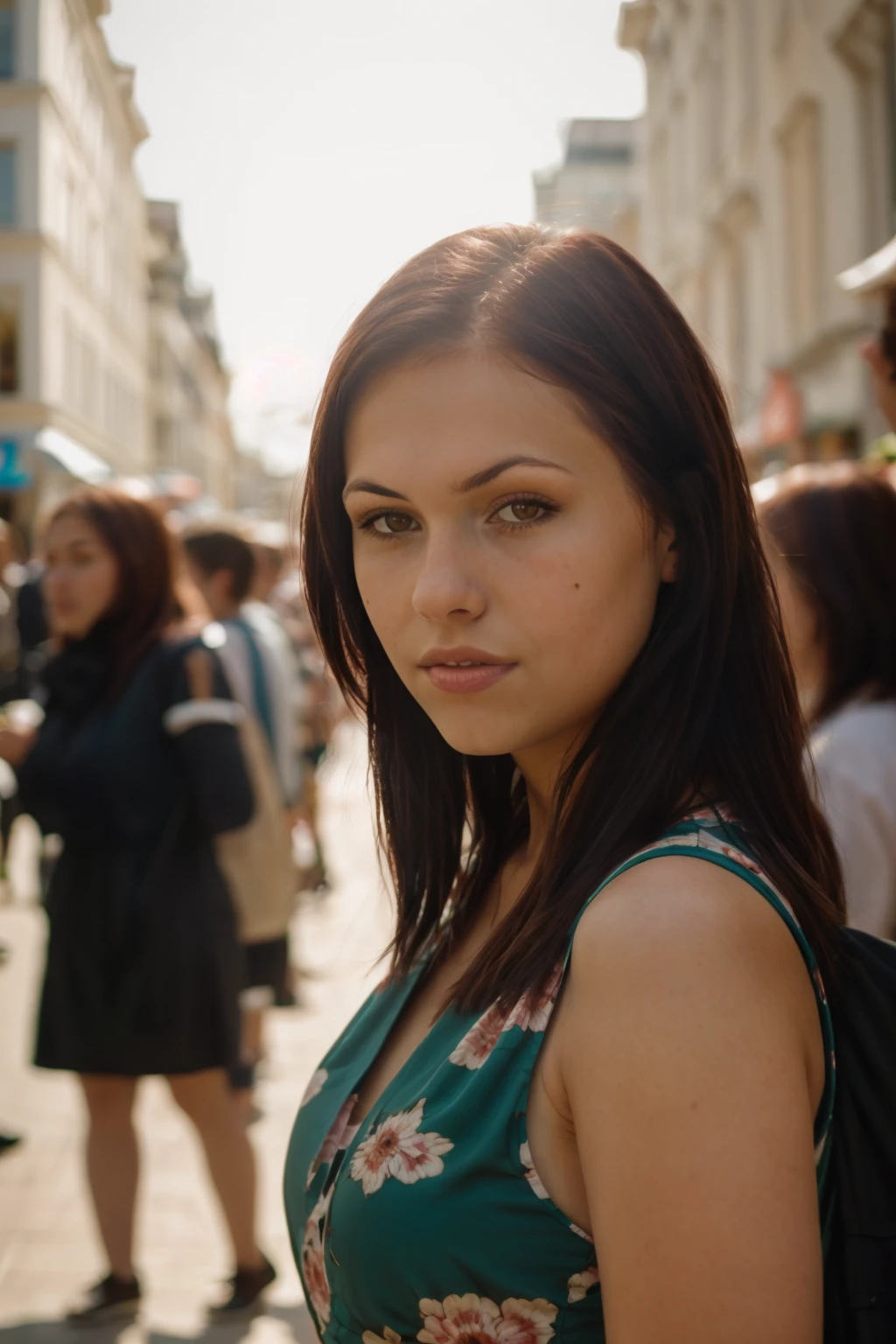 <lora:Iga:0.8> full color portrait of a young  woman, wearing a dress, in a crowded street, natural light, RAW photo, subject, 8k uhd, dslr, soft lighting, film grain, Fujifilm XT3, Nikon D850