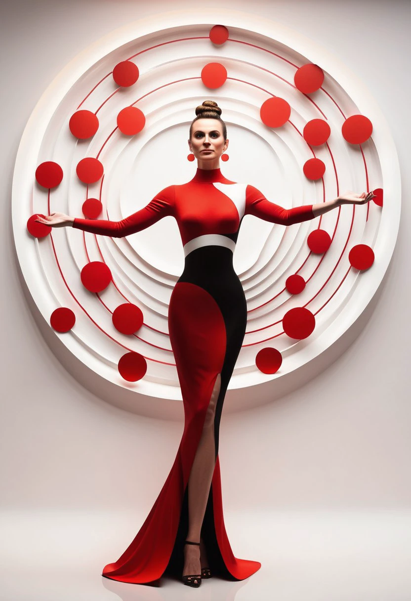 A woman in a red and black dress with outstretched hands, wearing a bun, stands in front of a series of red and white circles. The woman has a neutral expression on her face. Her hands are realistic and the fingers are proportionate