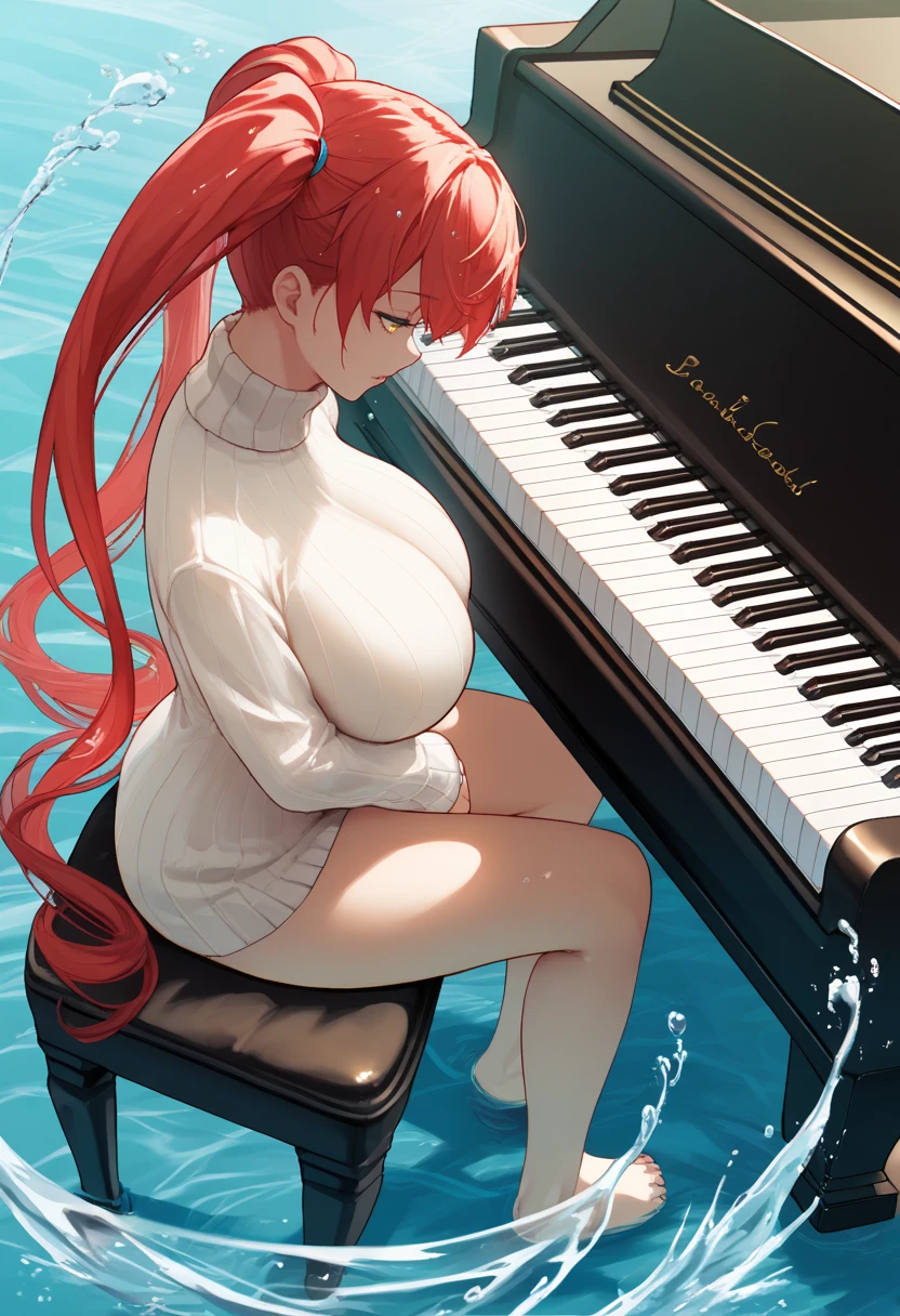 score_9, score_8_up, score_7_up, source_anime BREAK 1girl, solo, <lora:grandpiano-concept-richy-v1_pdxl:1> grand piano, sitting, playing piano, red hair, yellow eyes, twintails, very long hair, turtleneck sweater, white sweater, sweater dress, huge breasts, from side, from above, bare legs, long legs, thighs, half-closed eyes, parted lips, full body, barefoot, looking away, looking down, partially submerged, bubble, splashing, shiny, bright, light, white theme, blue theme, <lora:agm-artist-richy-v1_pdxl:0.8> horizon, blue sky,