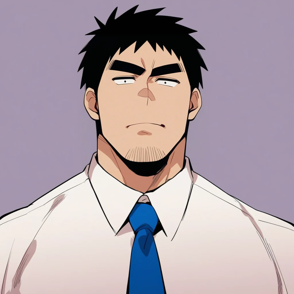 score_9, score_8_up, score_7_up, score_6_up, perfect anatomy, perfect proportions, best quality, masterpiece, high_resolution, high quality, solo male, Harumi Takeda , takeda harumi \(shiromanta\), black hair, short hair, facial hair, stubble, black eyes, thick eyebrows, sanpaku, constricted pupils, (white collared shirt), blue necktie, black pants, adult, mature, masculine, manly, handsome, charming, alluring, standing, look at viewer, (from below), (upper body), dutch angle, simple background<lora:EMS-409621-EMS:0.800000>