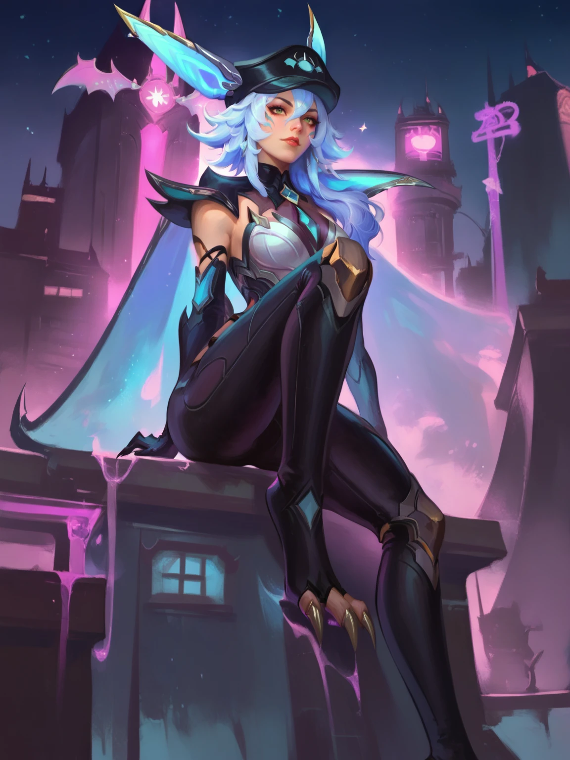 score_9, score_8_up, score_7_up, BREAK, XayahBB, 1girl, solo, long blue hair, black hat, long blue ears, high blue collar, armor, blue cape, black gloves, black and white pants, claws on feet, (blue daggers), sitting on neon roof,midnight, neon lights, universe and stars in sky, hands behind back, looking up, from below view, wodeipoi <lora:XayahBB:1>  <lora:wodeipoi:1>