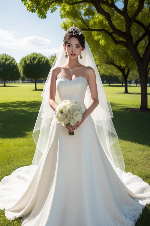 ltra-detailed,highly detailed,best quality,masterpiece,illustration,realistic,photorealistic,
1girl, solo, bride, bare shoulders,
hunsha, wedding dress, bridal veil,  gown, long dress, 
jewelry, earrings, tiara, 
looking at viewer, cowboy shot, standing,  own hands together,
outdoors, cathedral, grass,tree, balloon, 
 <lora:hunsha_v2_01:0.8>