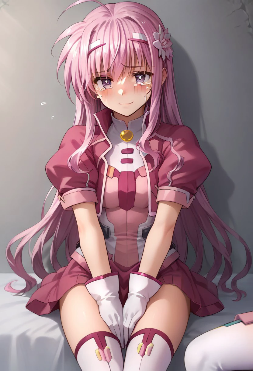 score_9, score_8_up, score_7_up, source_anime, good anatomy, solo, 1girl, kyrie florian, pink hair, long hair, hairband, white hairband, flower, pink eyes, cropped jacket, pink jacket, puffy sleeves, short sleeves, open jacket, pink shirt, white gloves, white thighhighs, smirk, sitting, no skirt, blushing, embarassed, hands between thighs, crotch cover, crying