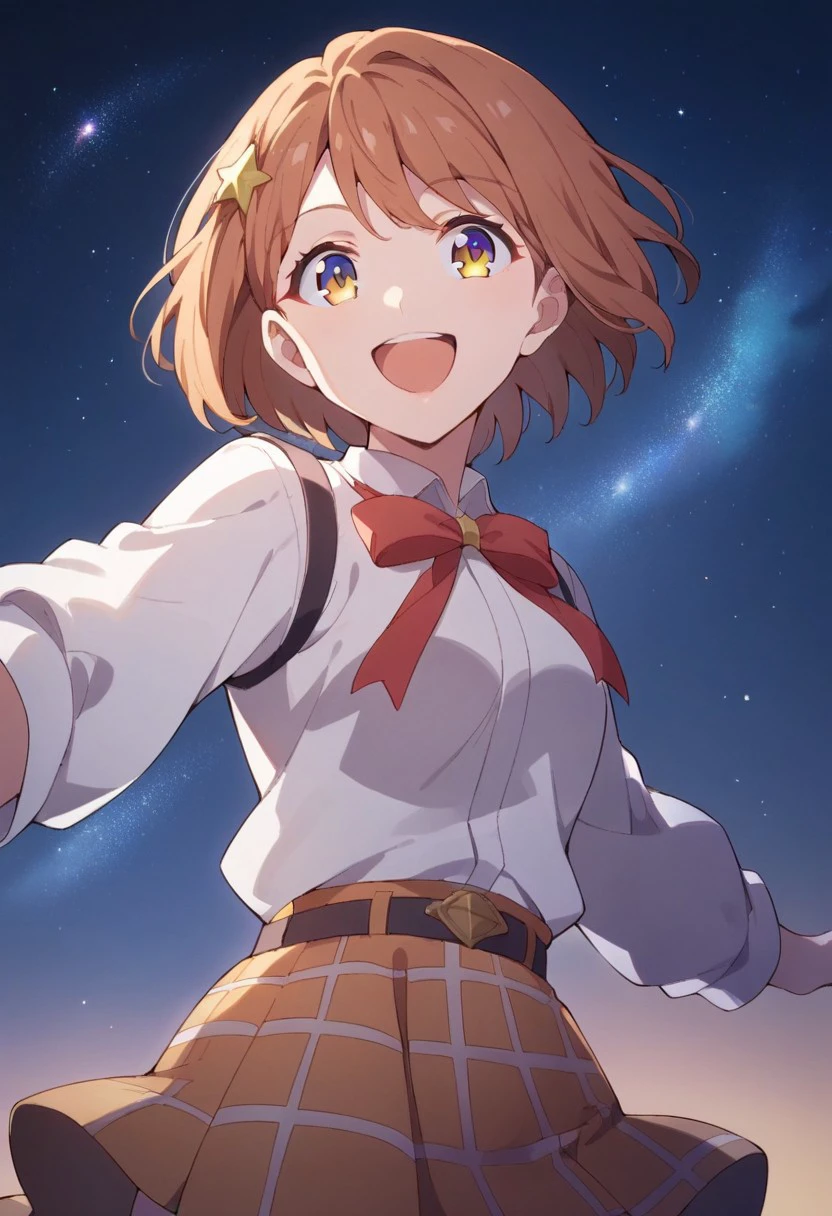 score_9, score_8_up, score_7_up, source_anime, konohata mira, brown hair, short hair, hair ornament, purple-yellow eyes, 1girl, star (sky), starry sky, solo, sky, night, night sky, smile, skirt, open mouth, plaid