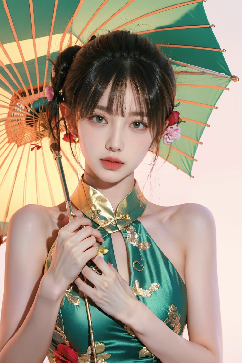 photorealistic,realistic,photography,masterpiece,best quality,ultra-detailed,extremely detailed CG unity 8k wallpaper,(reality: 1.4),1girl,solo,upper body,short hair,holding umbrella,simple background,white background,jewelry,brown hair,black hair,dress,bare shoulders,closed mouth,flower,print dress,chinese clothes,sleeveless dress,hair bun,lips,aqua dress,lotus, <lora:JAY - LOTUS:1>, (best quality:1.3)