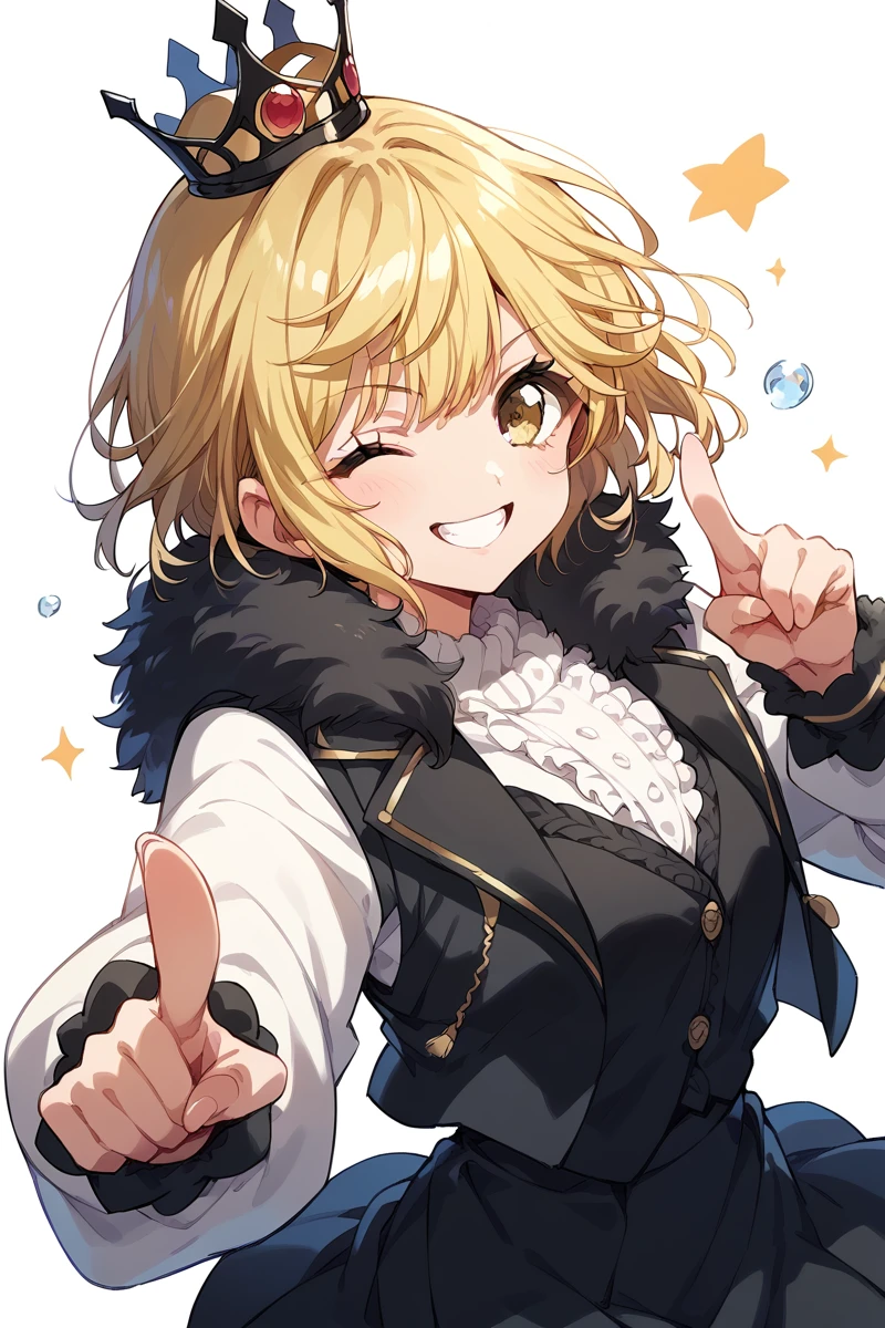 score_9, score_8_up, score_7_up, score_6_up, 1girl,
 <lora:Tsukimiyama_Nagisa:0.9> nagisa, blonde hair, yellow eyes, smile, white shirt, one eye closed, puffy long sleeves, black crown, fur collar, black vest, black skirt, pointing,