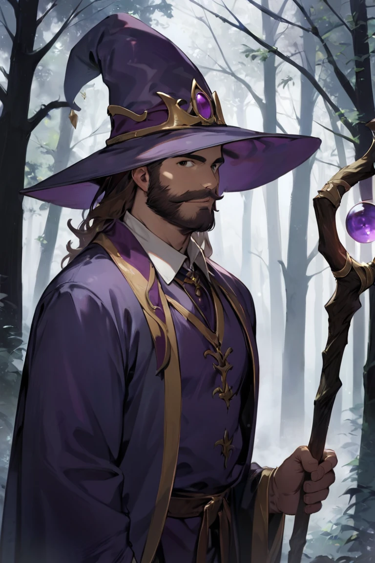 score_9, score_8_up, score_7_up, rating_safe, 1boy, solo, male focus, mature male, wizard, long hair, brown hair, black eyes, looking at viewer, hat, facial hair, beard, mustache, staff, wizard hat, purple hat, shirt, collared shirt, robe, purple robe, cloak, holding, holding staff, upper body, standing, outdoors, forest, nature, tree, fog, dark background <lora:Anime Summer Days Style SDXL_LoRA_Pony Diffusion V6 XL:0.8>