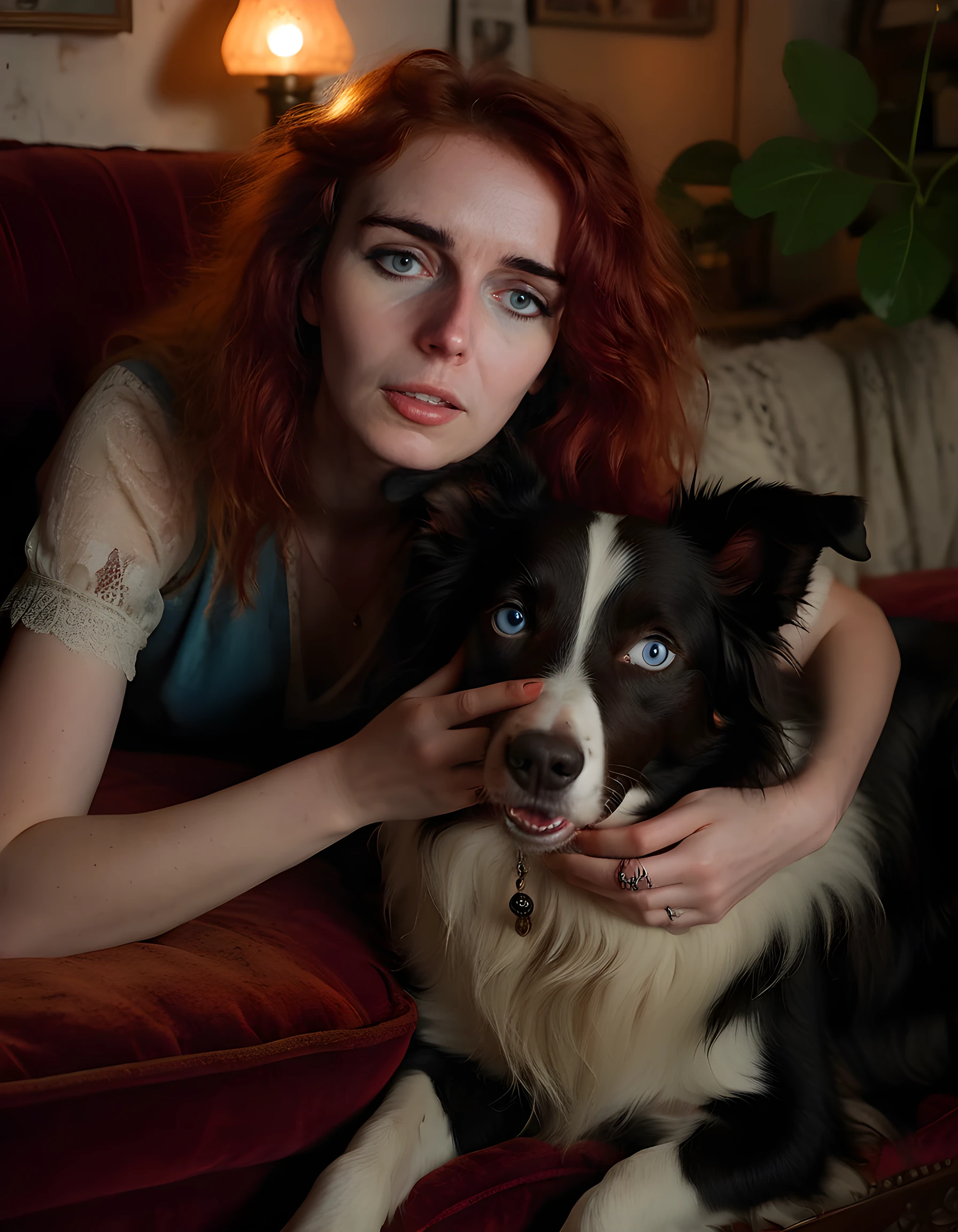 In a dimly-lit, bohemian apartment adorned with eclectic art and vintage furniture, the captivating K41T, a vibrant woman with piercing blue eyes and fiery red hair, lies casually on an antique velvet couch. Her pet dog, a playful border collie, rests at her feet, gazing up at her lovingly. The camera, positioned low from the ground, captures a close-up of K41T's face as she tenderly holds hands with the dog, their fingers intertwined in an emotional display of affection. The warm, soft glow of a single floor lamp bathes them in a comforting light, casting elongated shadows on the worn wooden floorboards behind them, while the cool hues of the night seep through the window panes, creating a serene and intimate atmosphere.